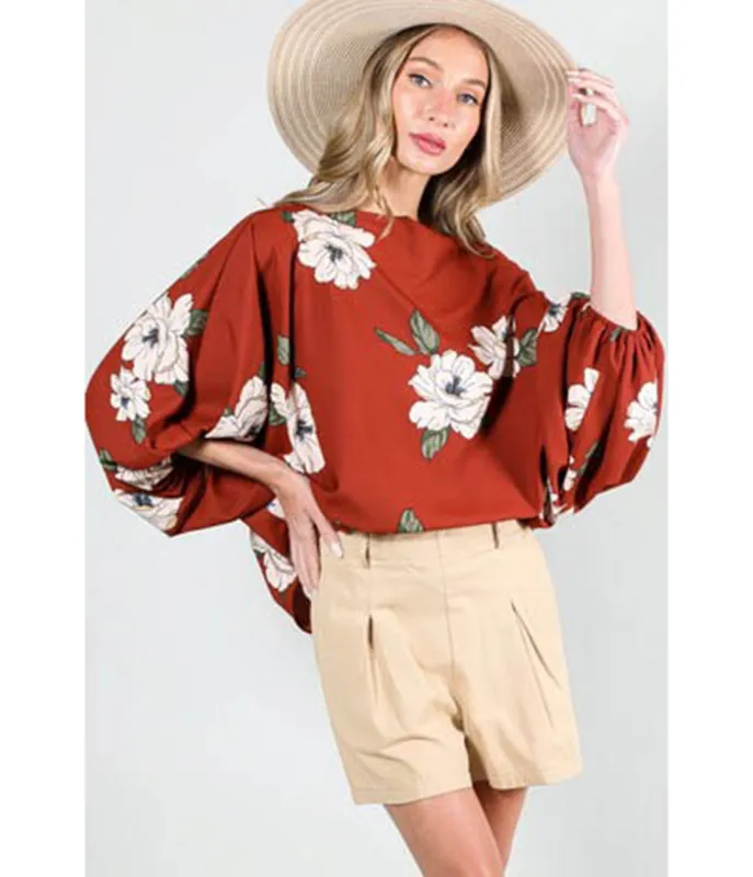 Red & White Floral Boatneck Blouse sold by Unique Vintage