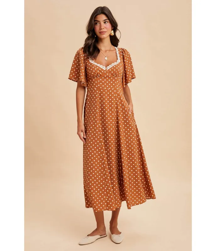 Tan Polka Dot Midi Dress sold by Unique Vintage