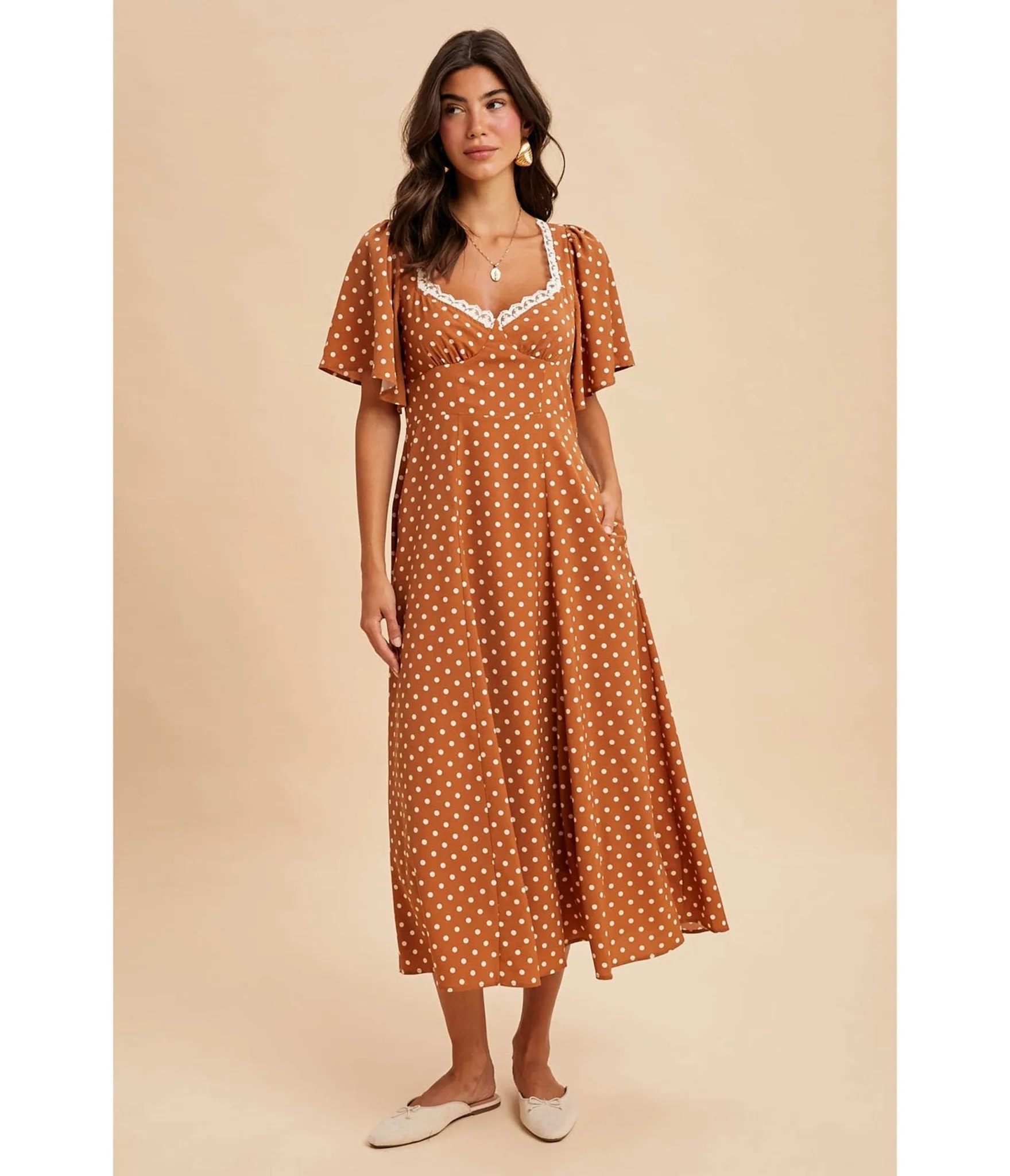 Tan Polka Dot Midi Dress sold by Unique Vintage