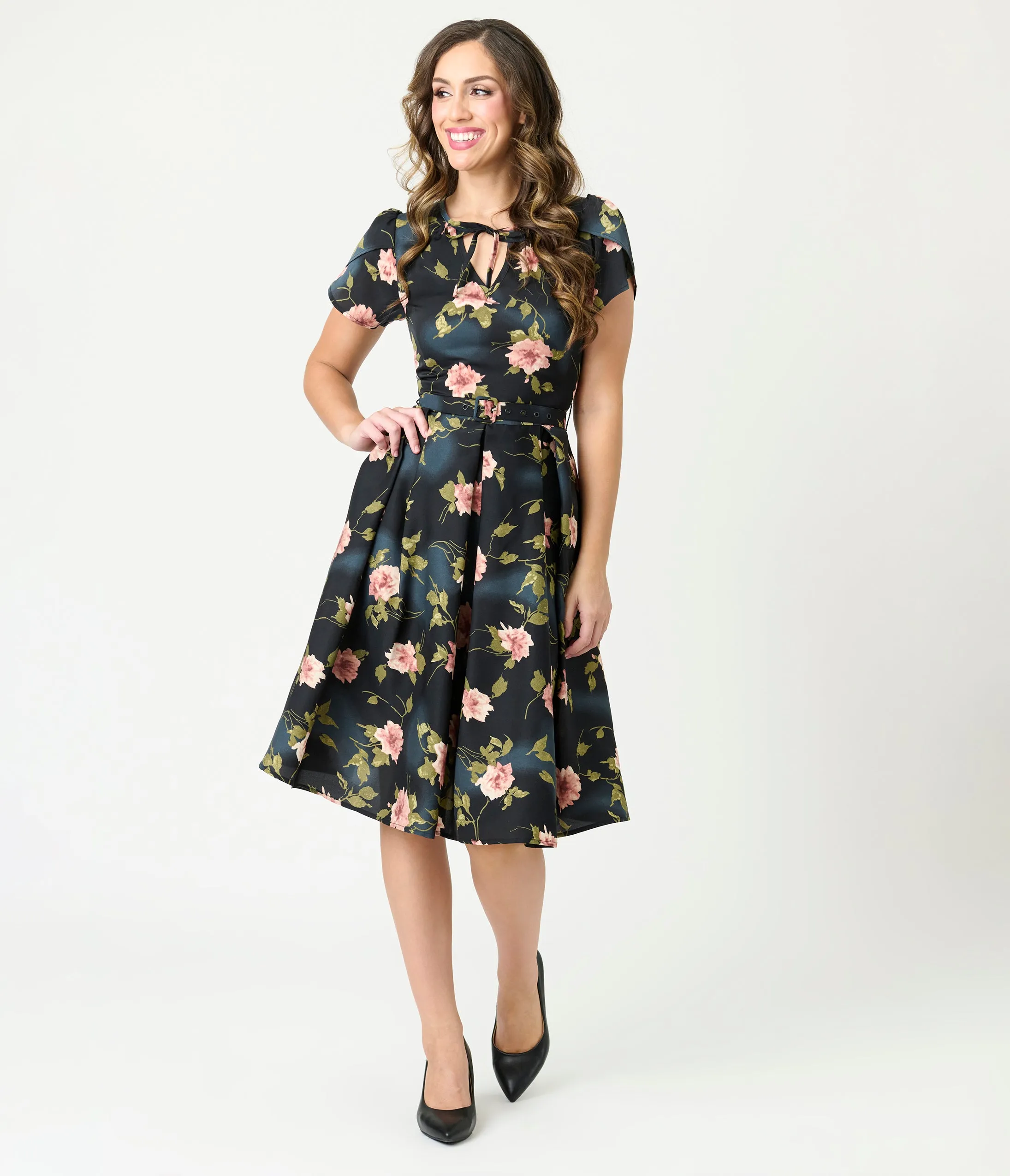 Unique Vintage Black & Pink Floral Dahlia Swing Dress sold by Unique Vintage product image thumbnail 3