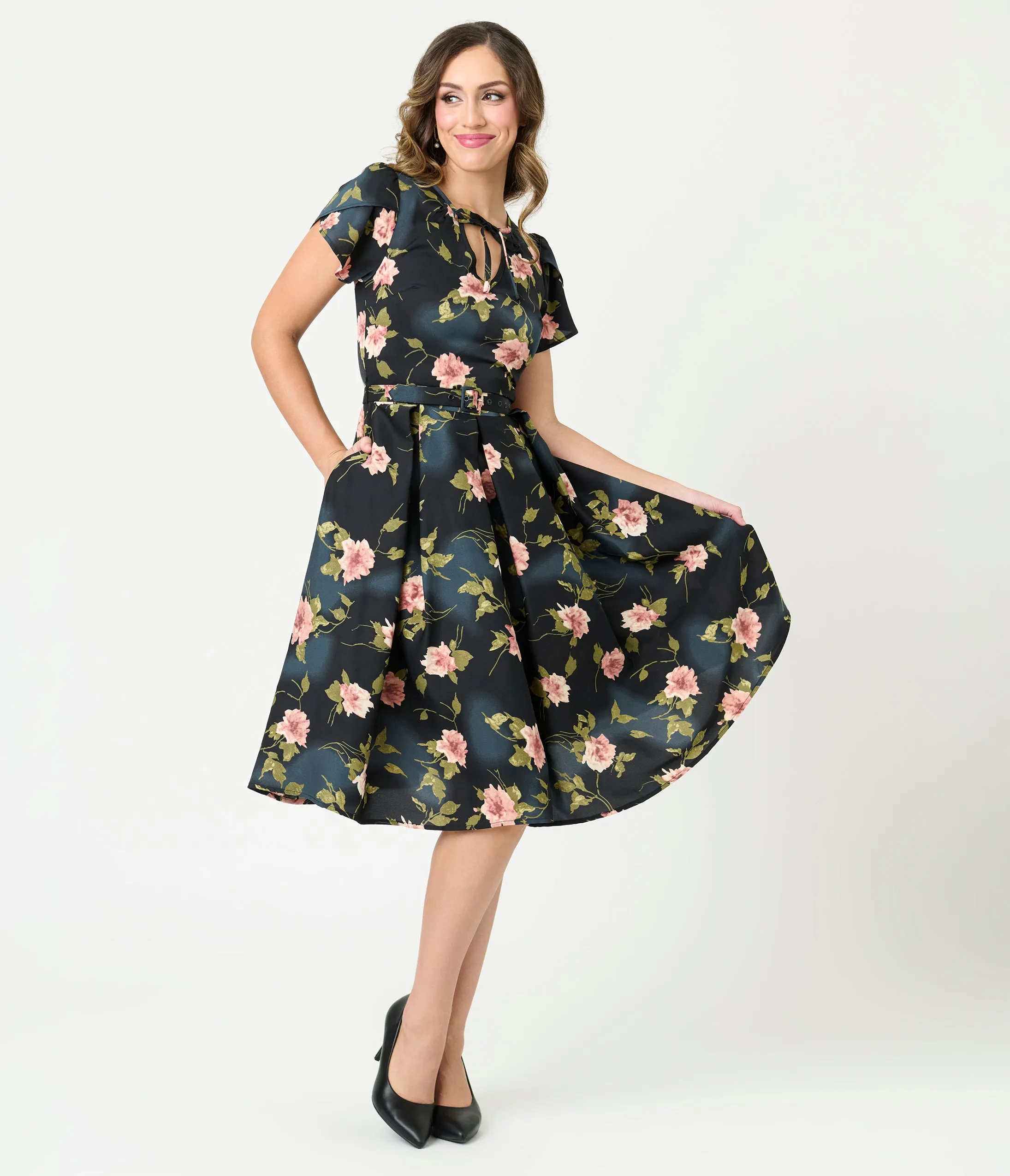 Unique Vintage Black & Pink Floral Dahlia Swing Dress sold by Unique Vintage