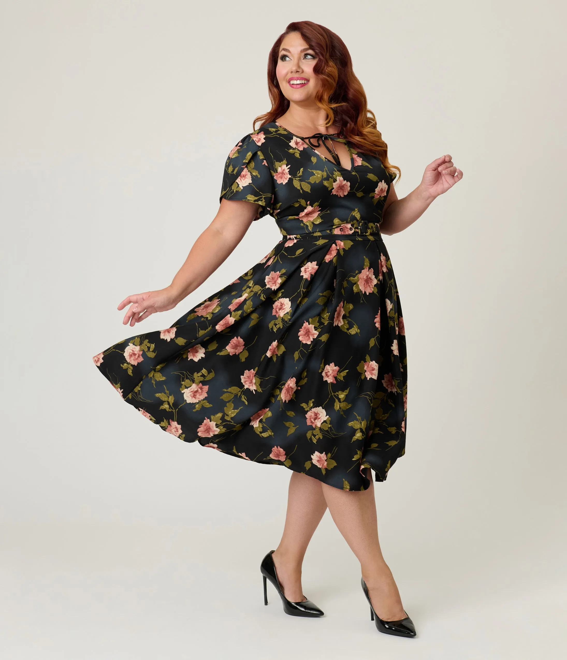 Unique Vintage Plus Size Black & Pink Floral Dahlia Swing Dress sold by Unique Vintage product image thumbnail 3