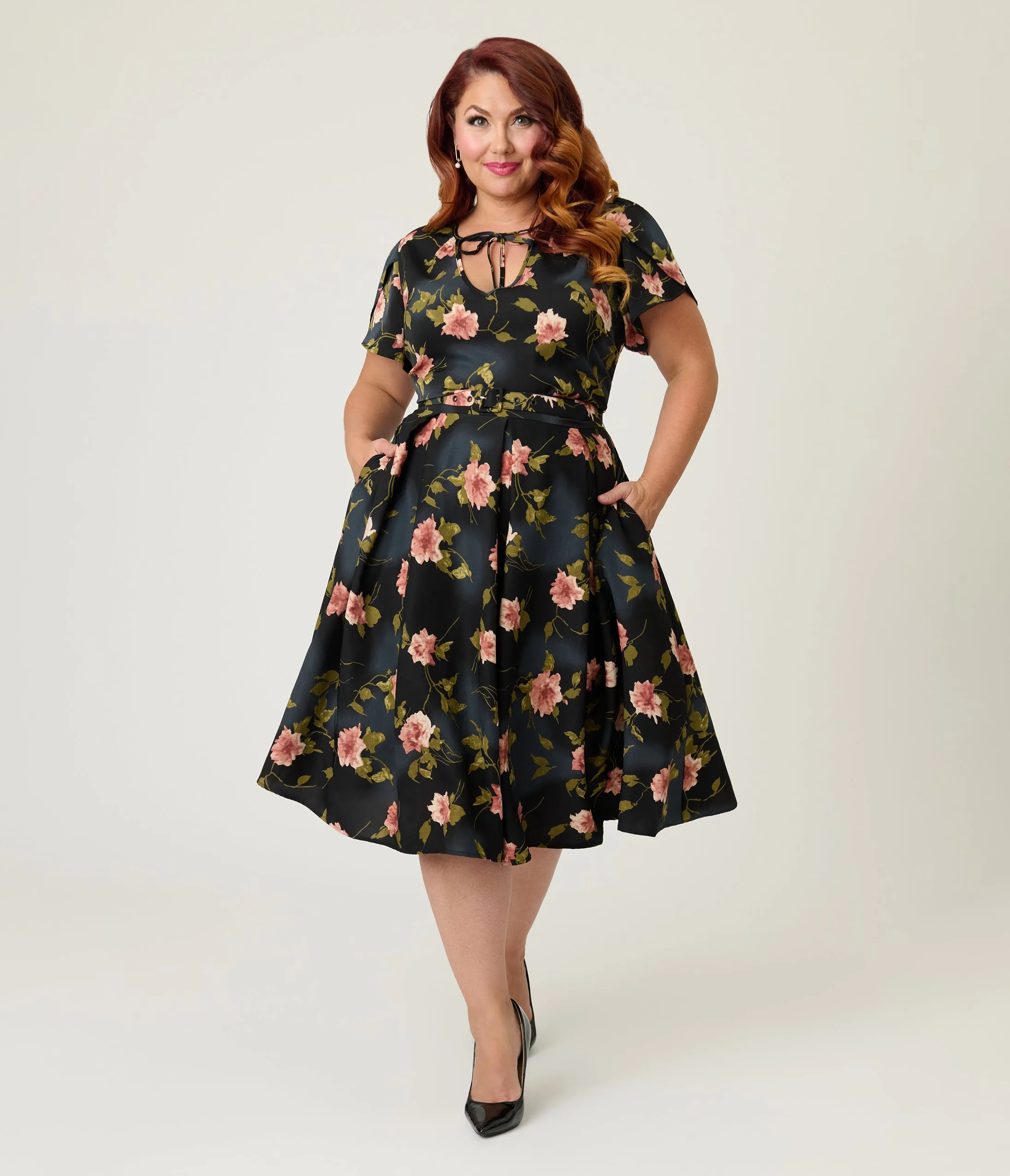 Unique Vintage Plus Size Black & Pink Floral Dahlia Swing Dress sold by Unique Vintage product image thumbnail 4