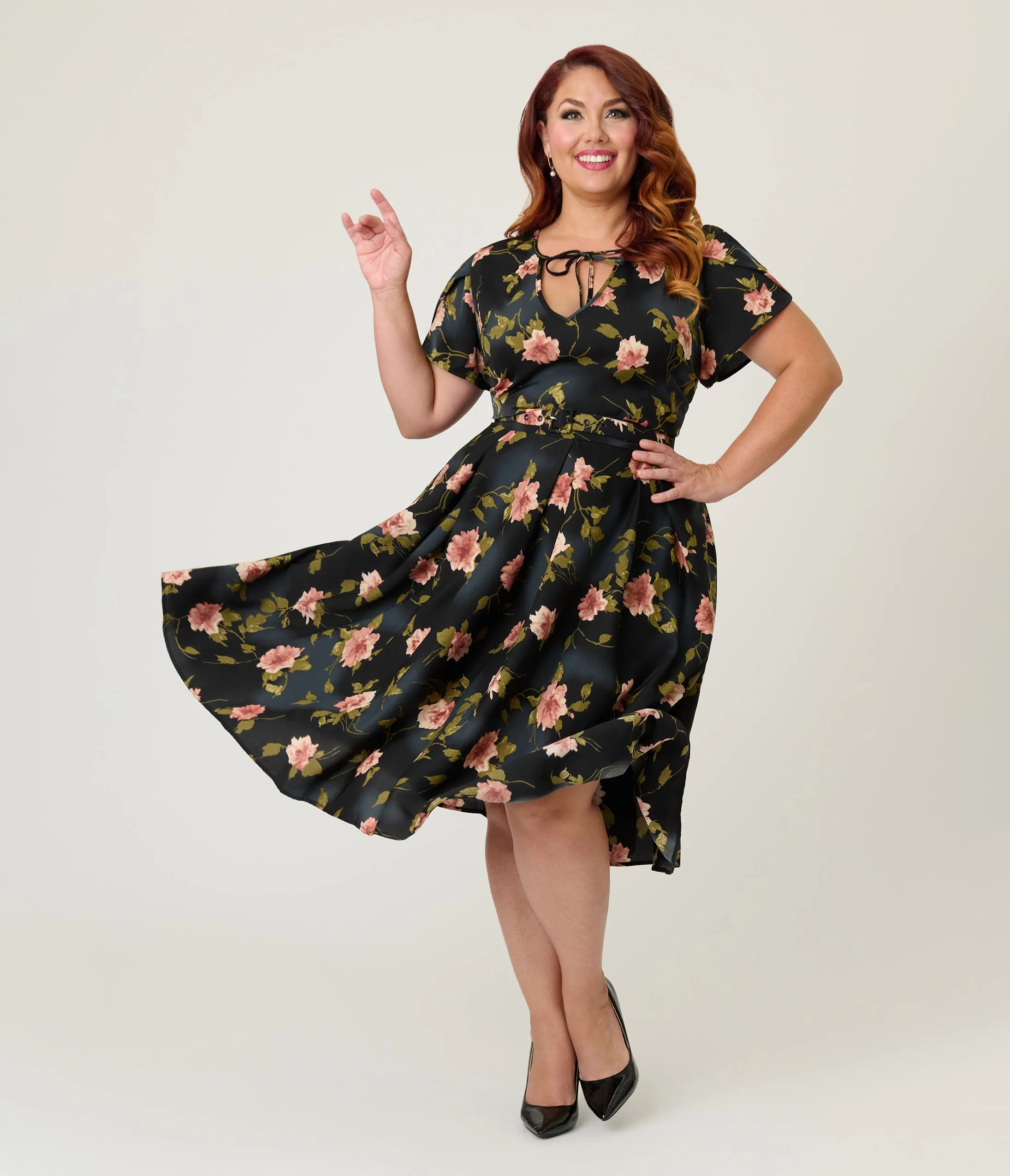 Unique Vintage Plus Size Black & Pink Floral Dahlia Swing Dress sold by Unique Vintage