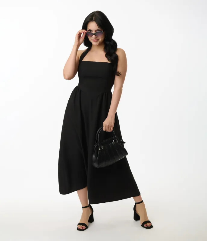 Black Halter A-Line Midi Dress sold by Unique Vintage