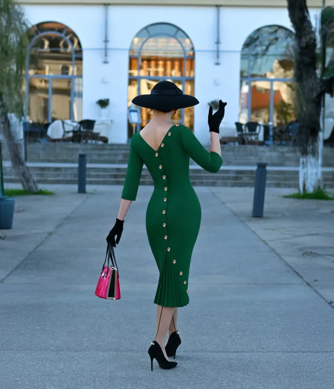 Heart My Closet Green Pleated Back Deborah Pencil Dress sold by Unique Vintage