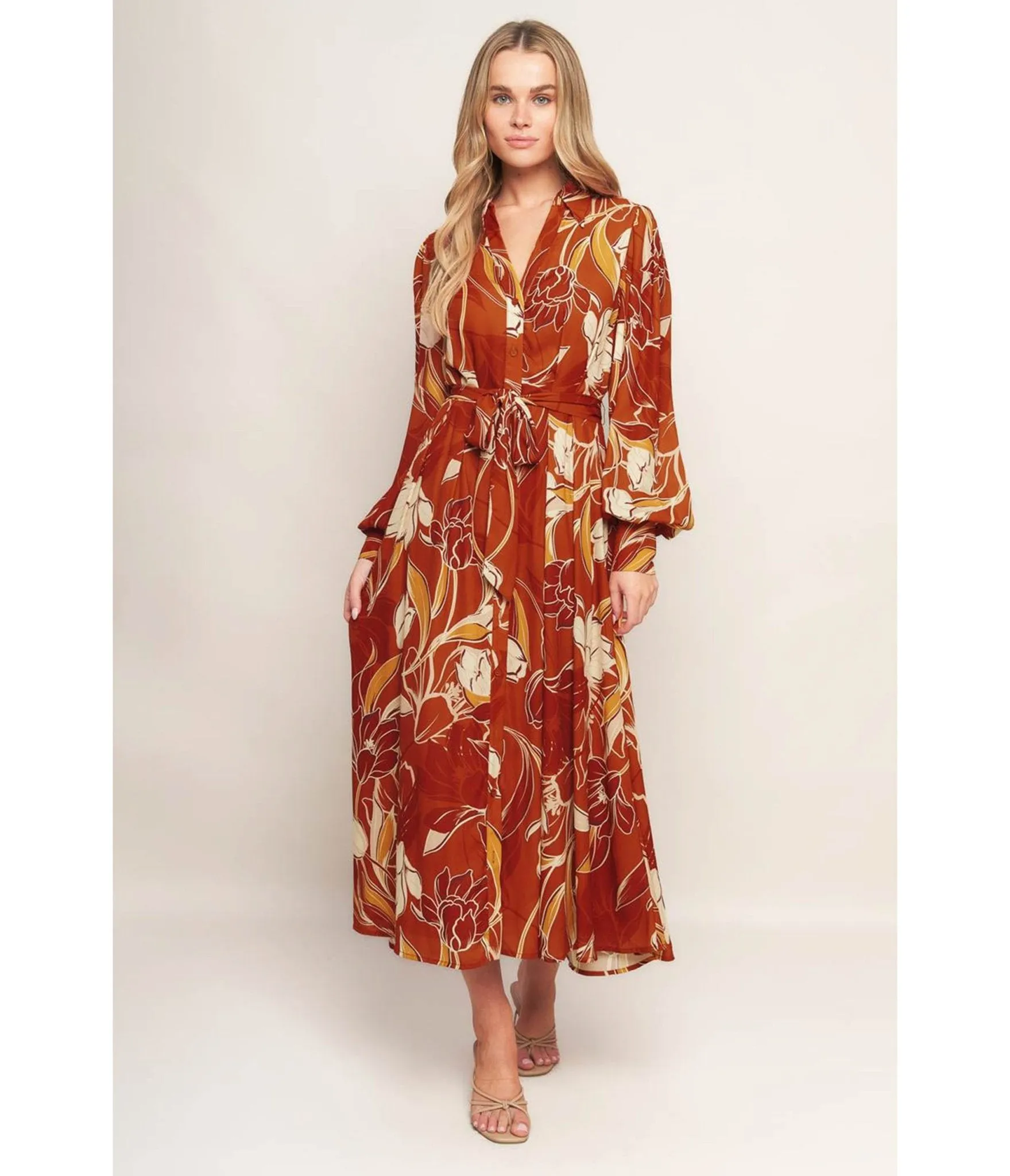 Rust & Cream Floral Woven Maxi Dress sold by Unique Vintage