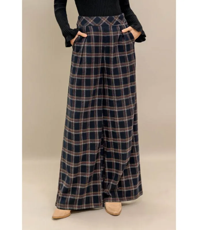 Vintage Style Navy Plaid Woven Trousers sold by Unique Vintage