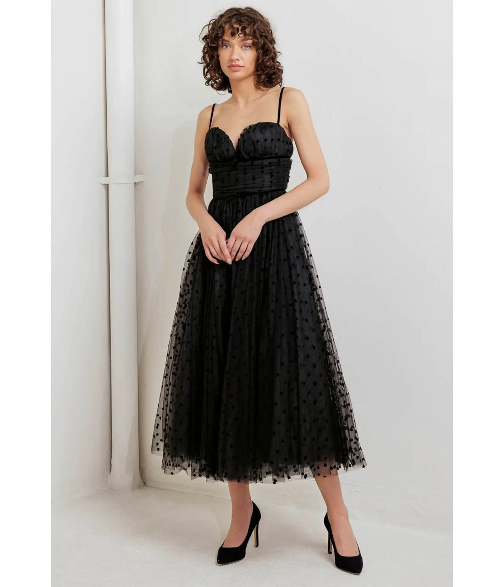 Black Swiss Dot Tulle Midi Dress sold by Unique Vintage