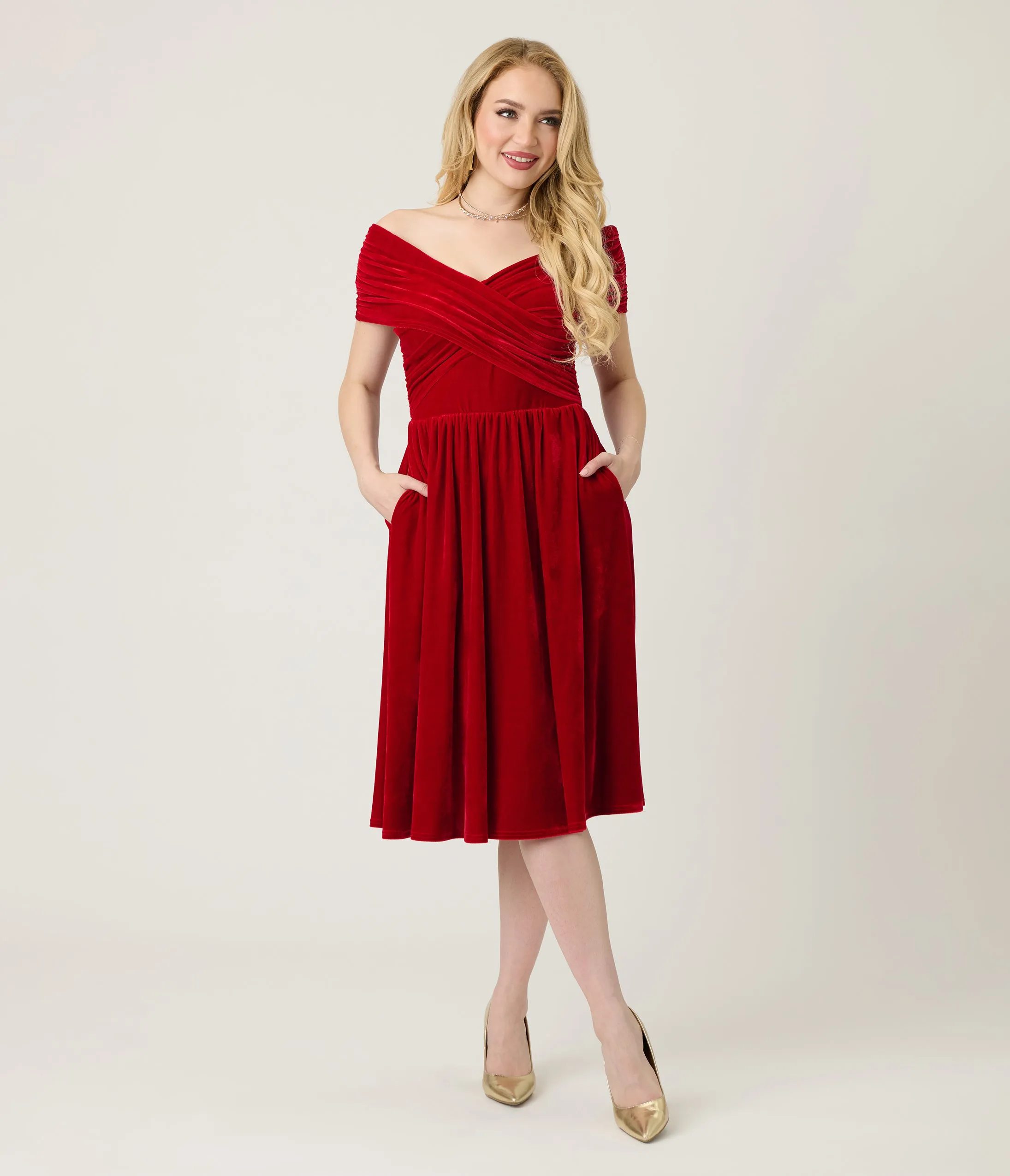 Unique Vintage Burgundy Shirred Velvet Swing Dress sold by Unique Vintage product image thumbnail 3