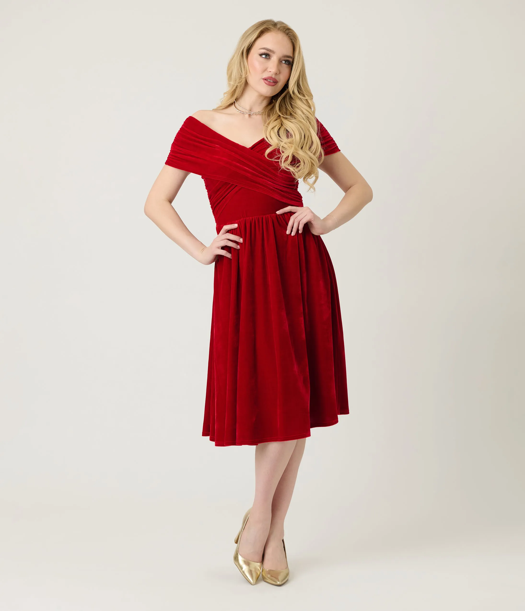 Unique Vintage Burgundy Shirred Velvet Swing Dress sold by Unique Vintage product image thumbnail 4