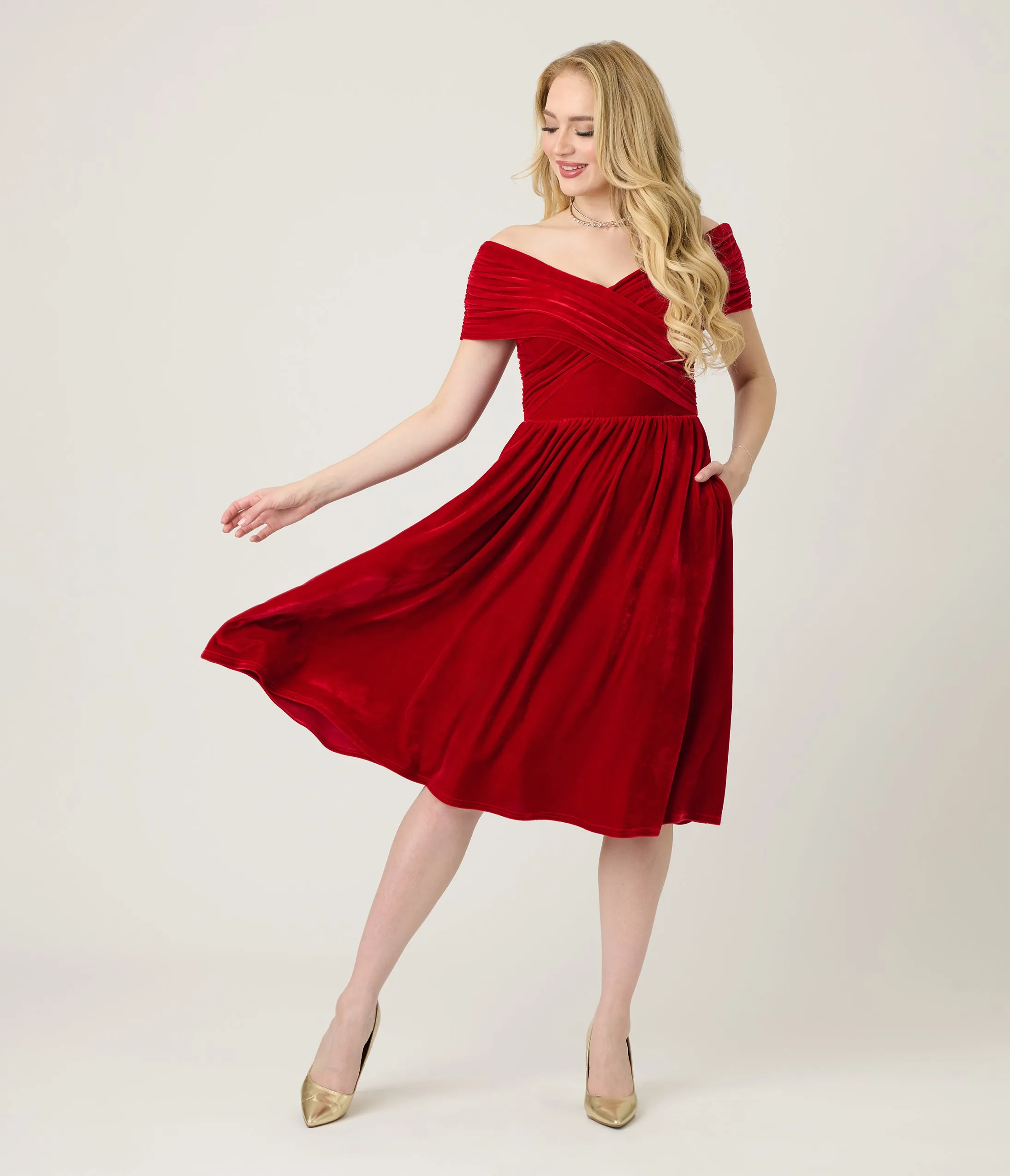 Unique Vintage Burgundy Shirred Velvet Swing Dress sold by Unique Vintage