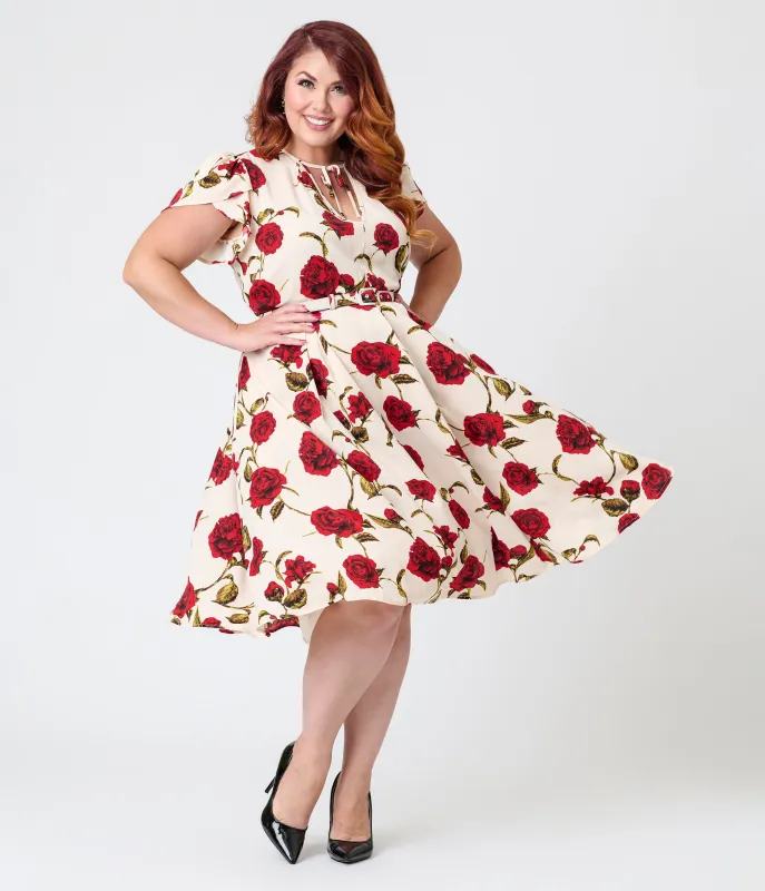 Unique Vintage Plus Size White & Red Rose Dahlia Swing Dress sold by Unique Vintage