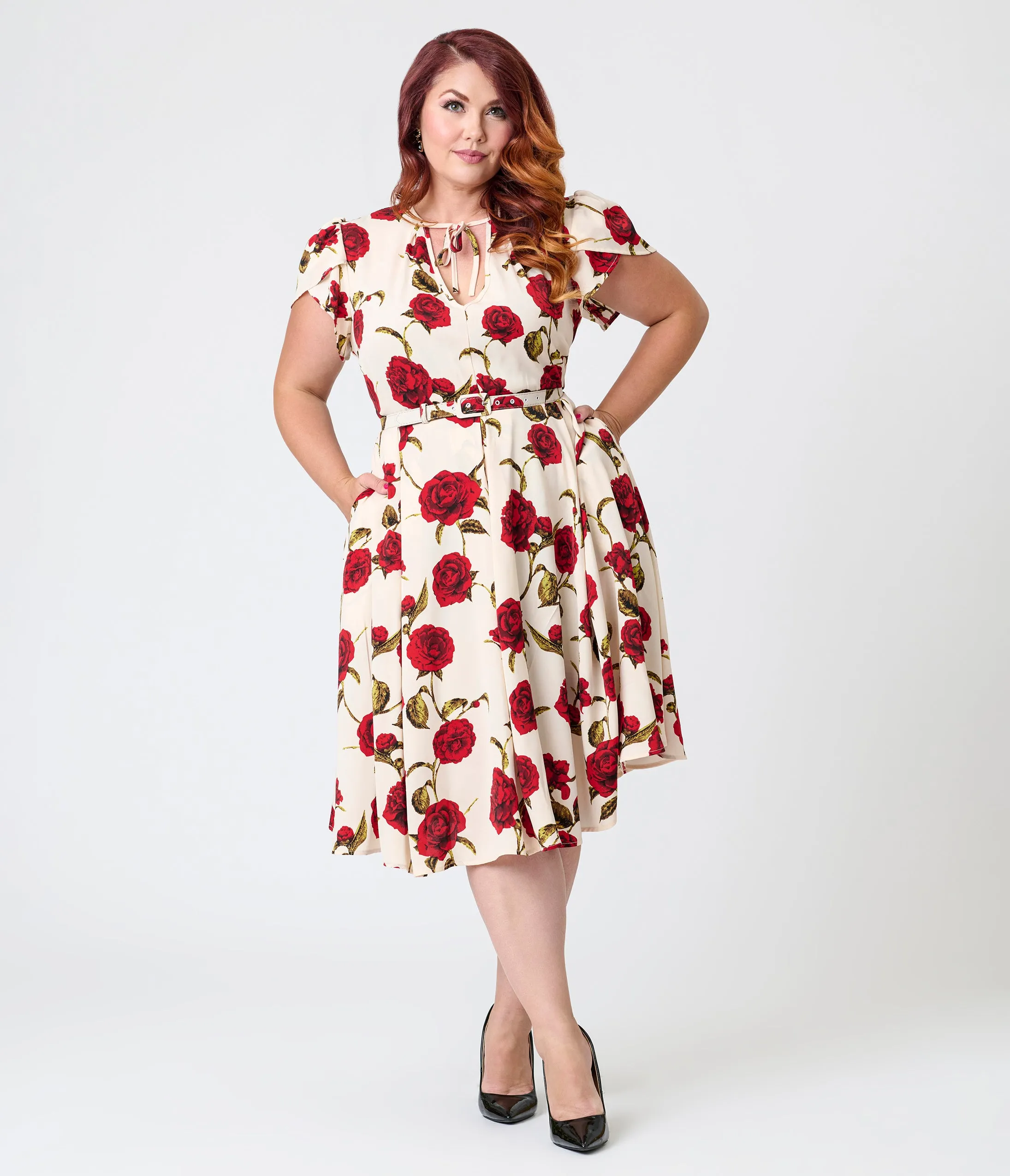 Unique Vintage Plus Size White & Red Rose Dahlia Swing Dress sold by Unique Vintage product image thumbnail 3