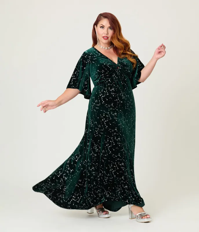 Smak Parlour Plus Size Green Velvet Silver Stars Maxi Dress sold by Unique Vintage
