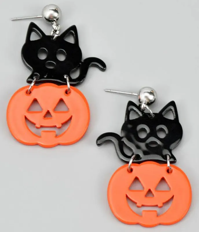 Black Cat and Pumpkin Linear Drop Earrings sold by Unique Vintage