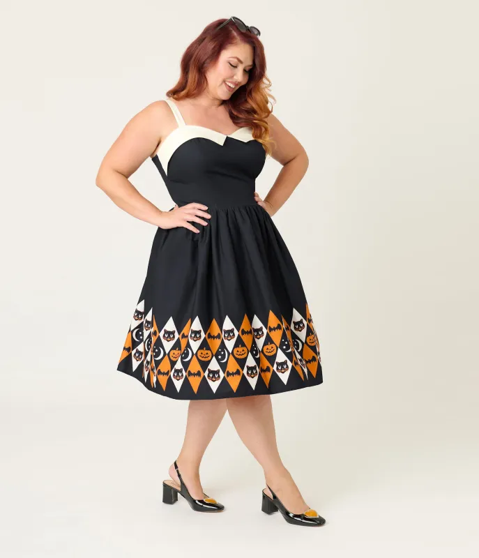 Unique Vintage Plus Size Halloween Diamond Border Print Cotton Rachel Swing Dress sold by Unique Vintage