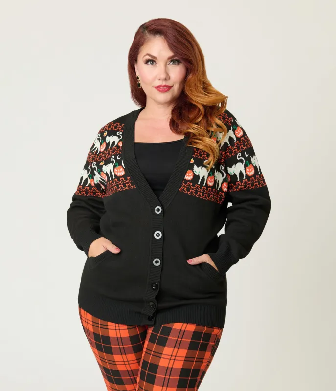 Unique Vintage Plus Size Jack-O-Lantern Cat Fair Isle Button Cardigan sold by Unique Vintage