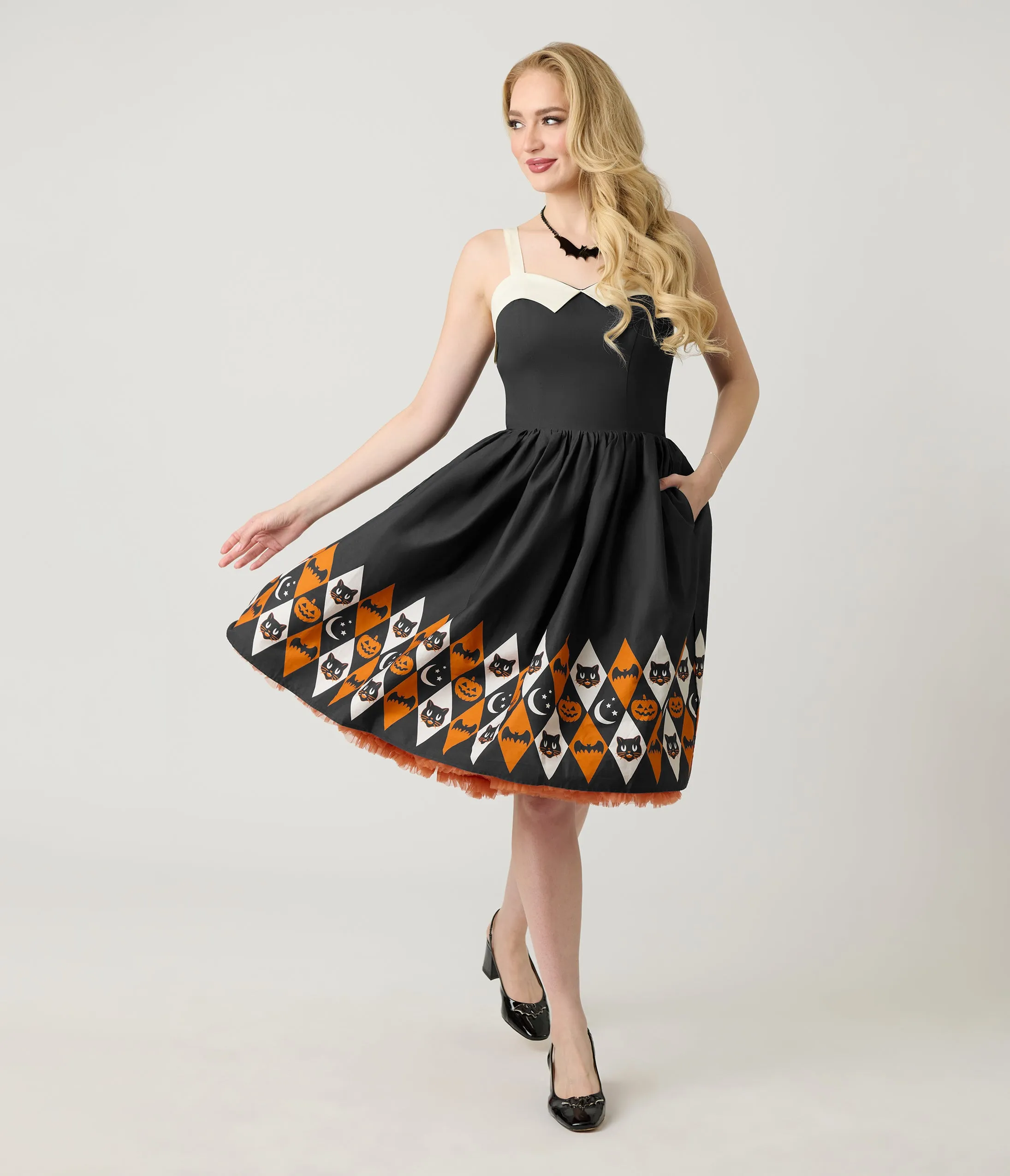 Unique Vintage Halloween Diamond Border Print Cotton Rachel Swing Dress sold by Unique Vintage product image thumbnail 3
