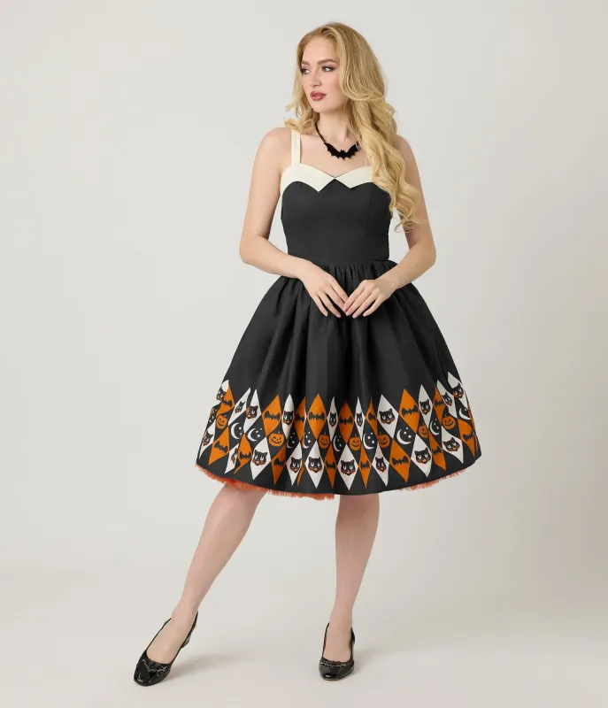 Unique Vintage Halloween Diamond Border Print Cotton Rachel Swing Dress sold by Unique Vintage