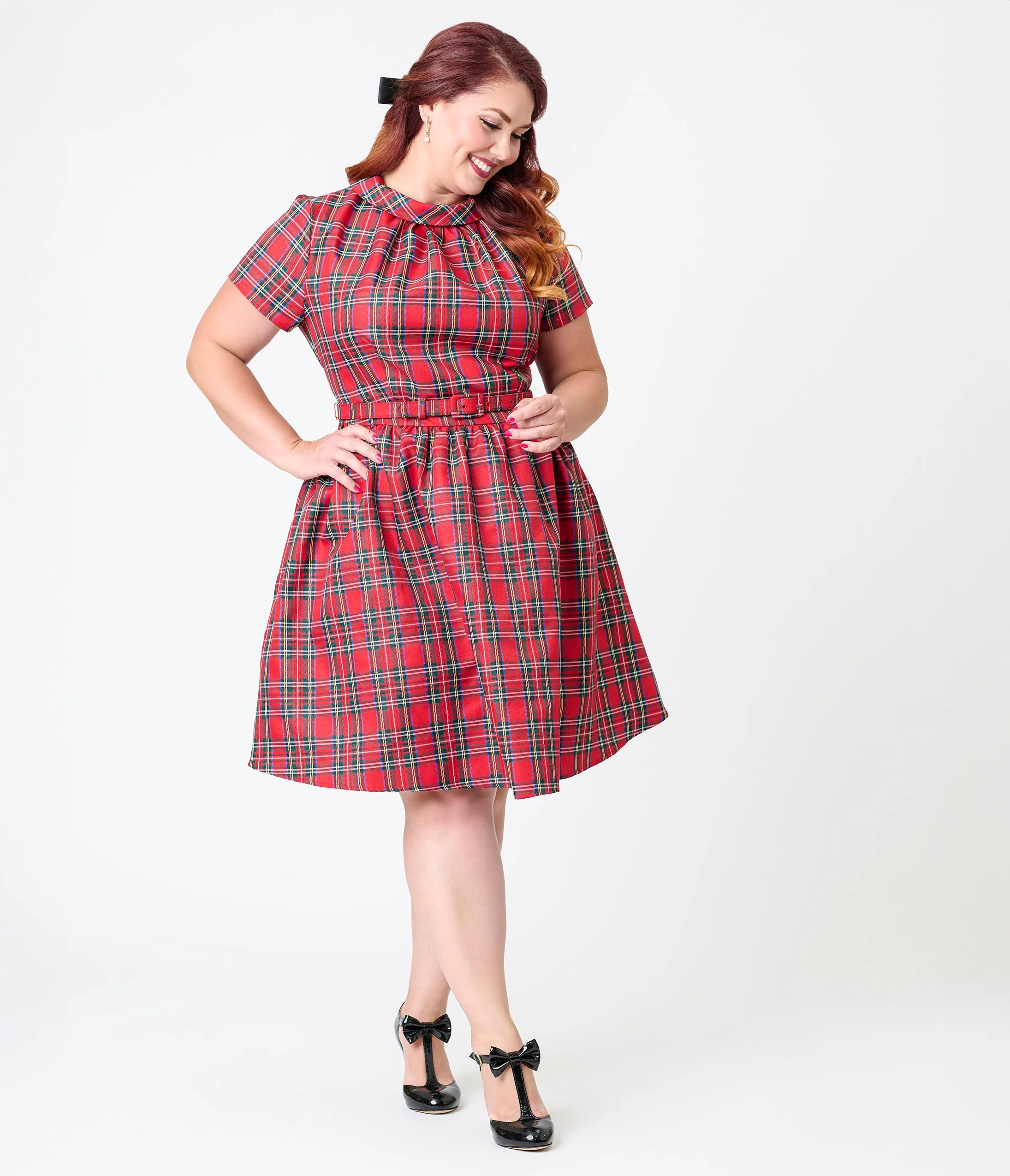 Smak Parlour Plus Size Red Plaid Flare Dress sold by Unique Vintage