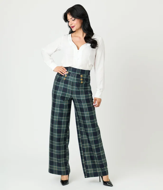 Unique Vintage Green Plaid High Waist Sailor Ginger Pants sold by Unique Vintage