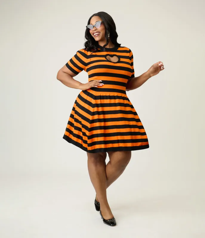Smak Parlour Plus Size Orange & Black Heart Cutout Flare Dress sold by Unique Vintage