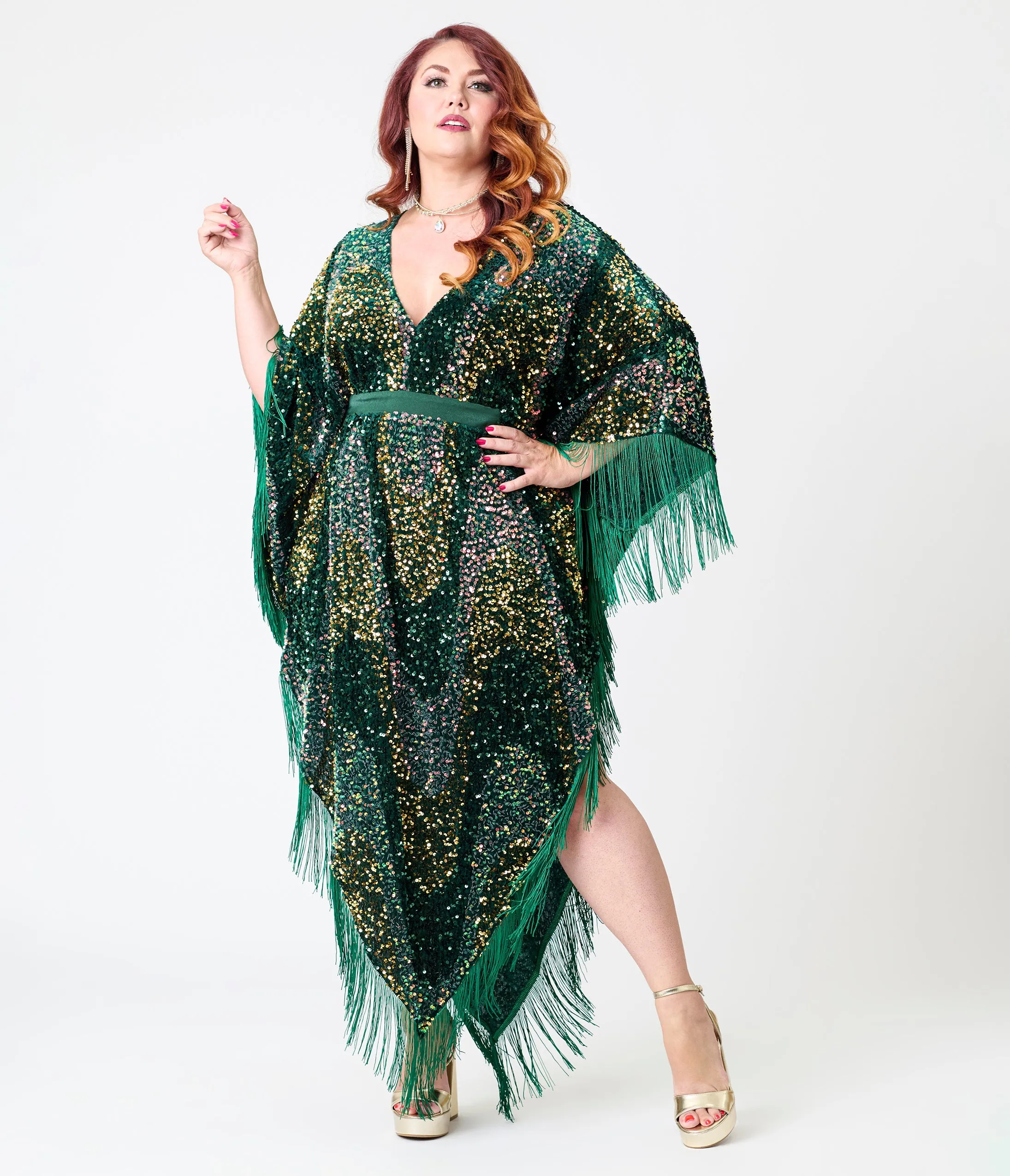 Smak Parlour Green Sequin Fringe Caftan Dress sold by Unique Vintage product image thumbnail 4