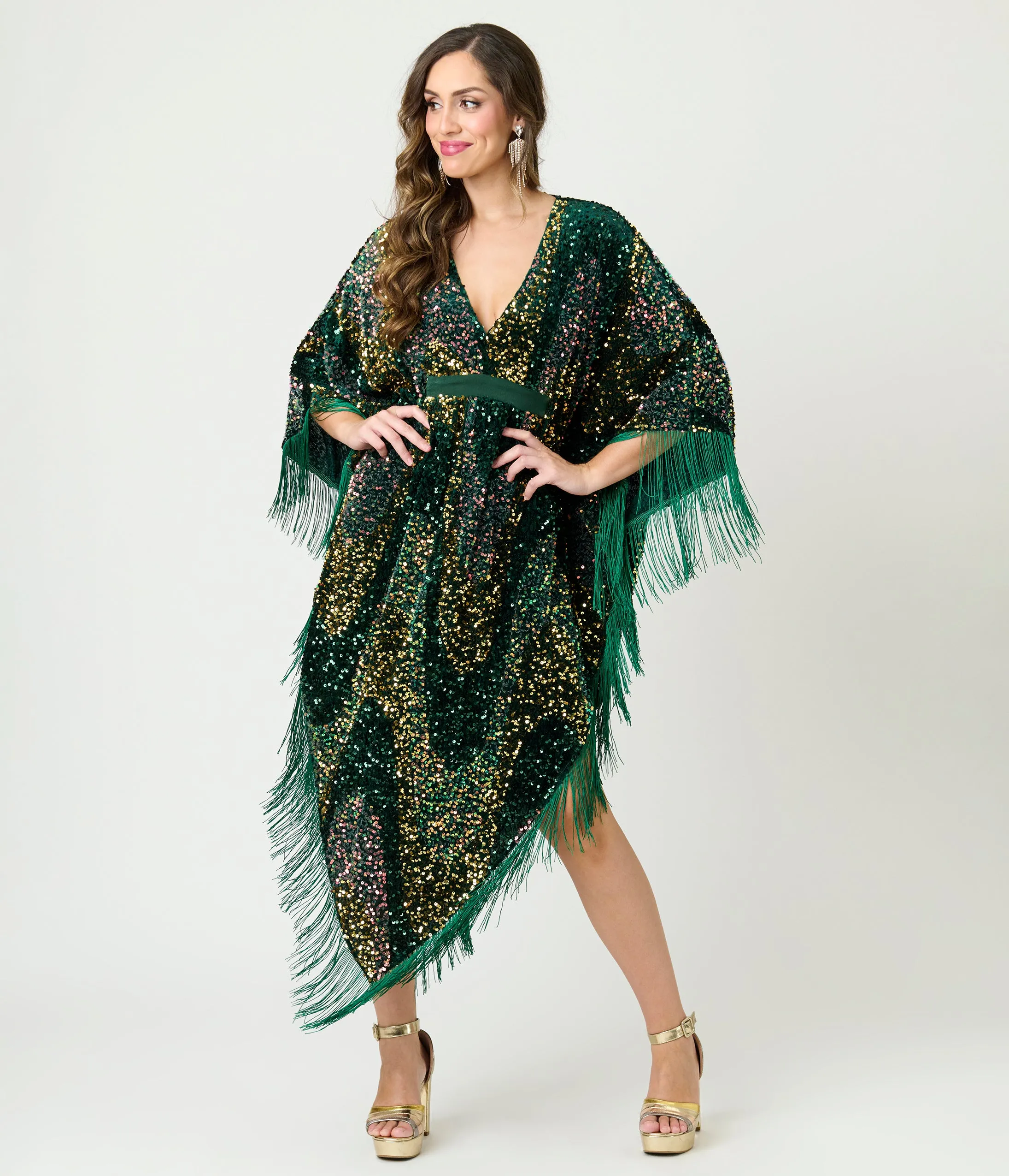 Smak Parlour Green Sequin Fringe Caftan Dress sold by Unique Vintage