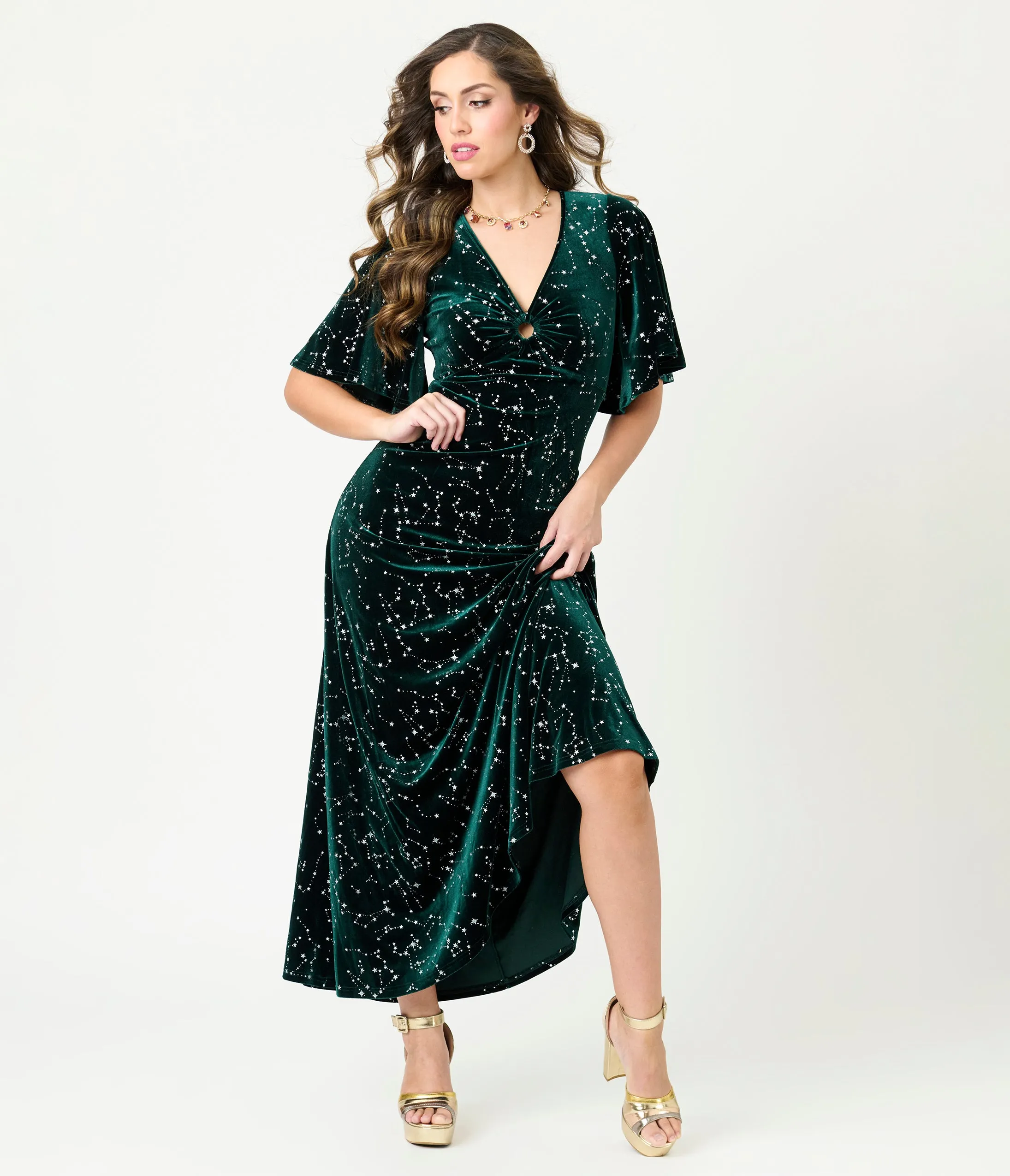 Smak Parlour Green Velvet Silver Stars Maxi Dress sold by Unique Vintage