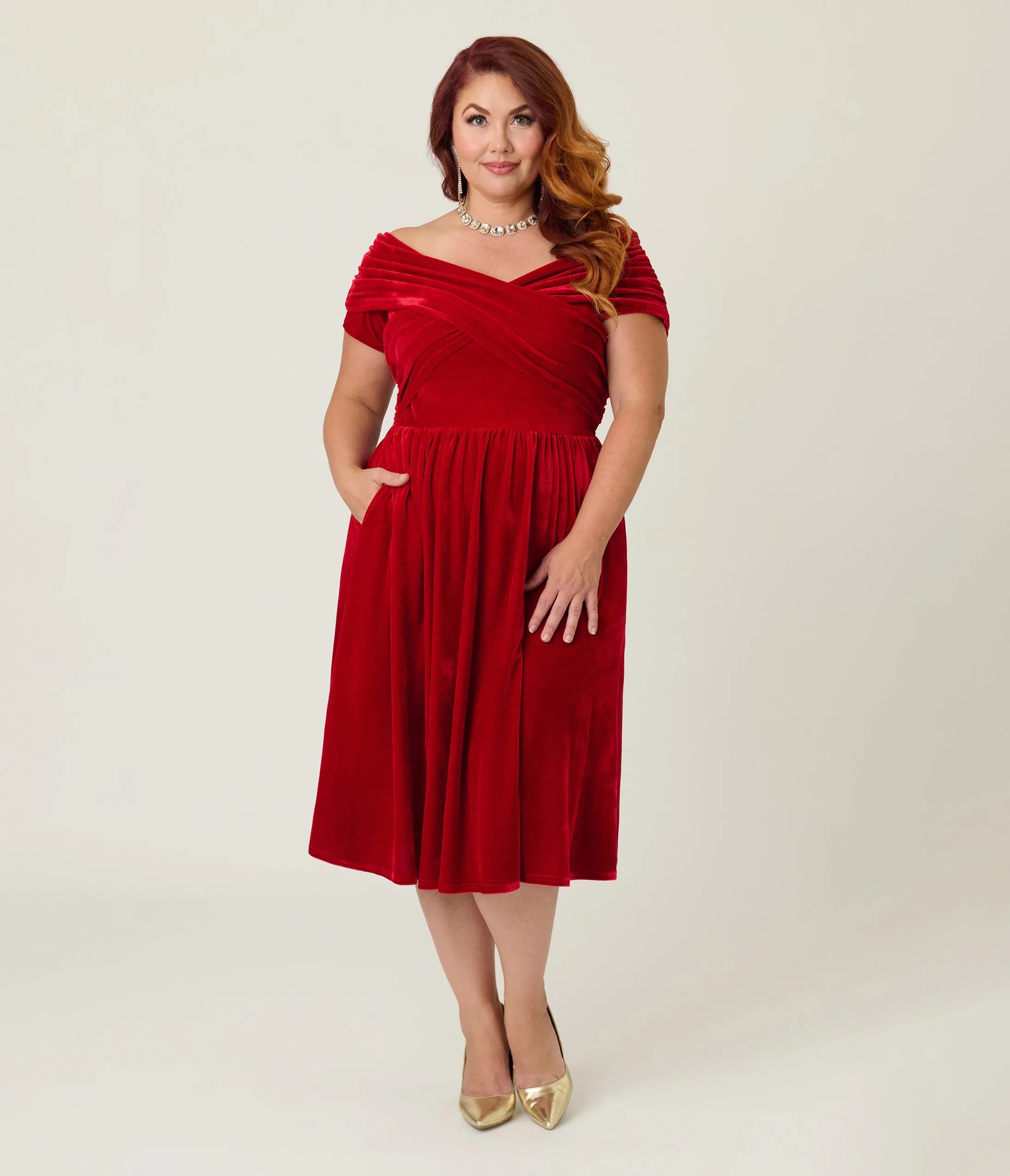 Unique Vintage Plus Size Burgundy Shirred Velvet Swing Dress sold by Unique Vintage product image thumbnail 4