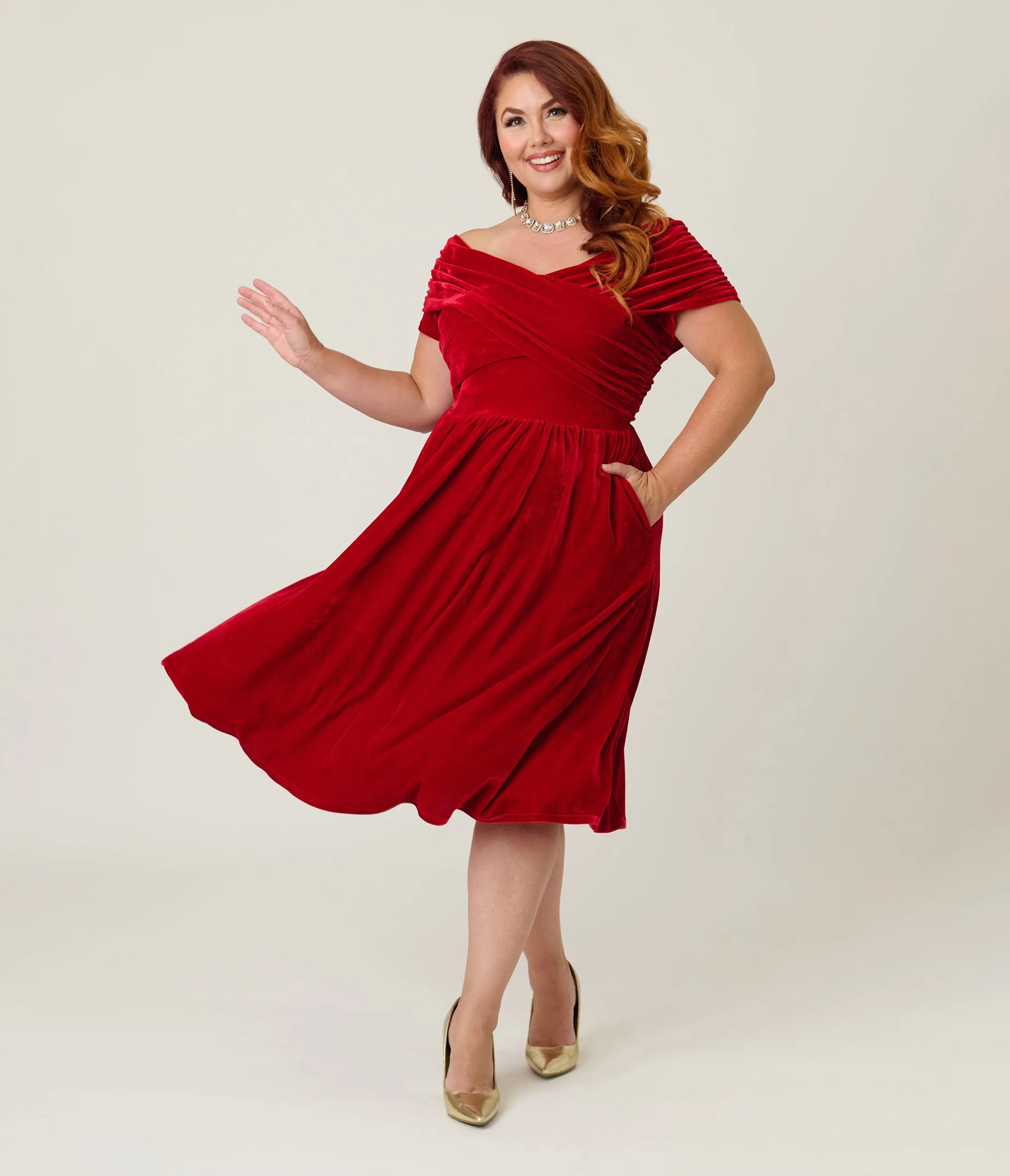 Unique Vintage Plus Size Burgundy Shirred Velvet Swing Dress sold by Unique Vintage