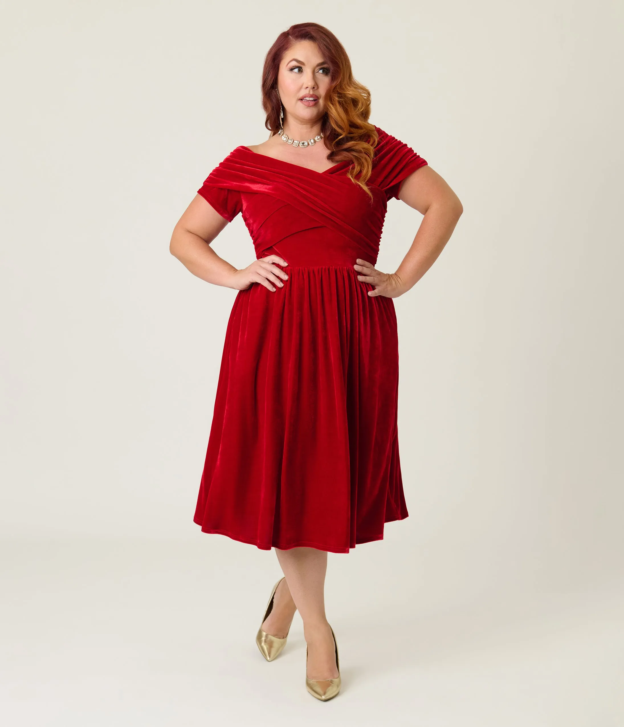 Unique Vintage Plus Size Burgundy Shirred Velvet Swing Dress sold by Unique Vintage product image thumbnail 3