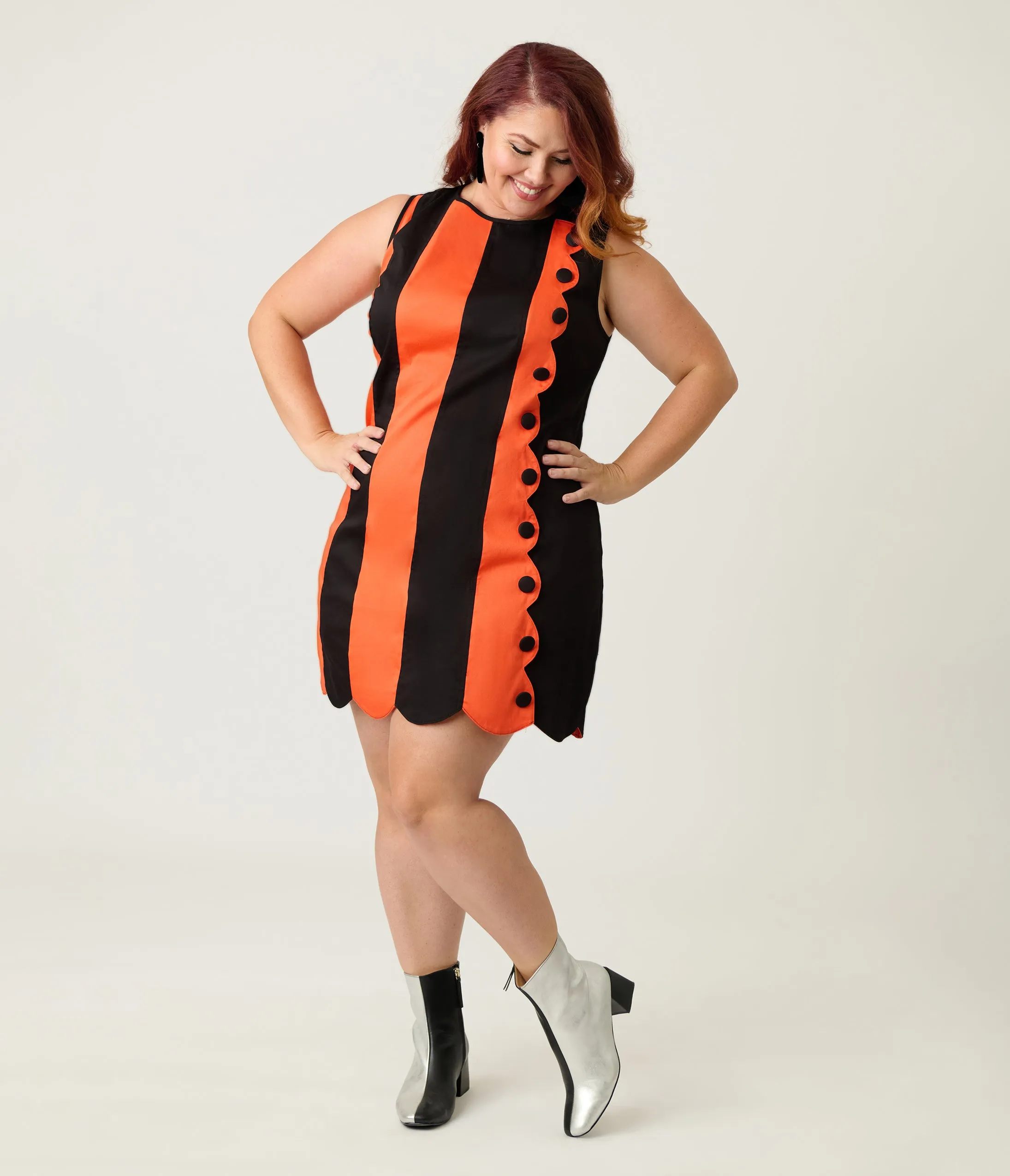 Smak Parlour Plus Size Orange & Black Stripe Scallop Mini Dress sold by Unique Vintage