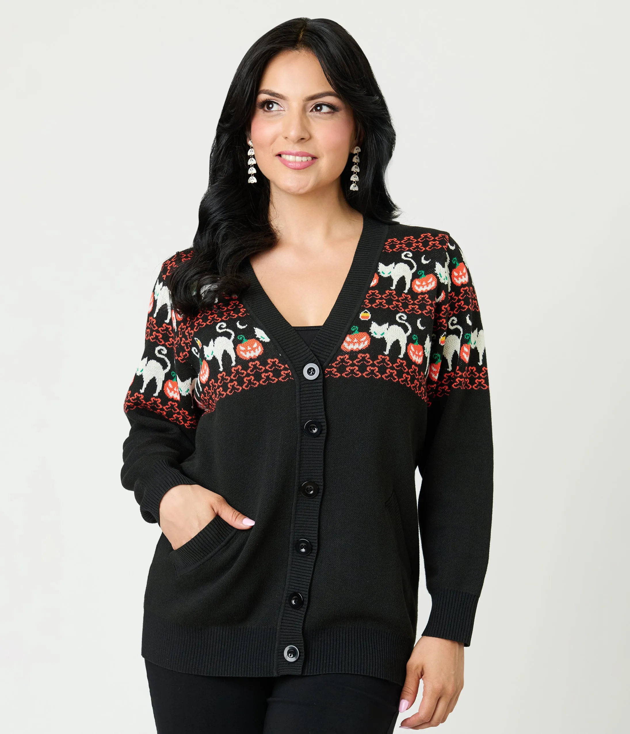 Unique Vintage Jack-O-Lantern Cat Fair Isle Button Cardigan sold by Unique Vintage