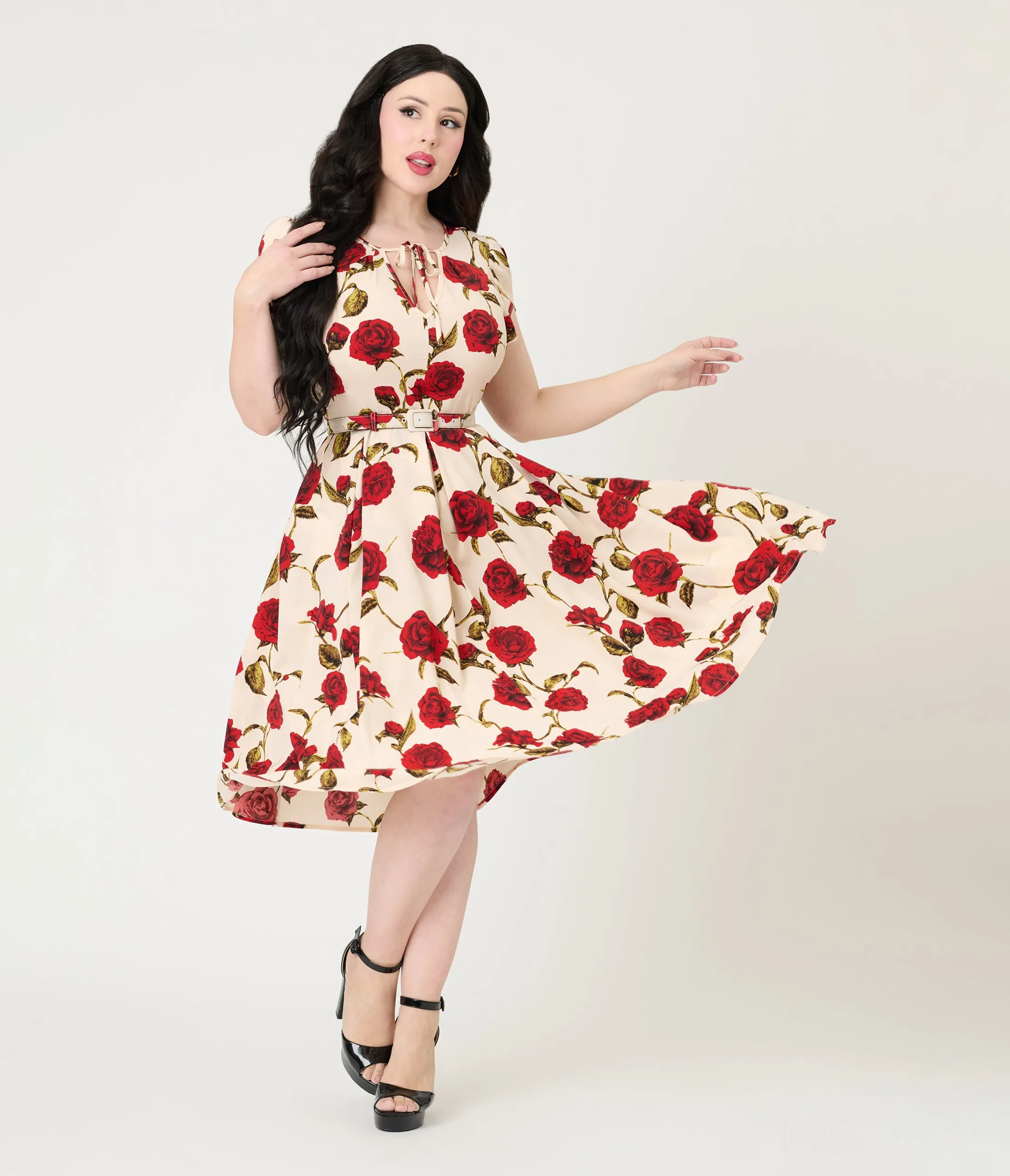 Unique Vintage White & Red Rose Dahlia Swing Dress sold by Unique Vintage product image thumbnail 3