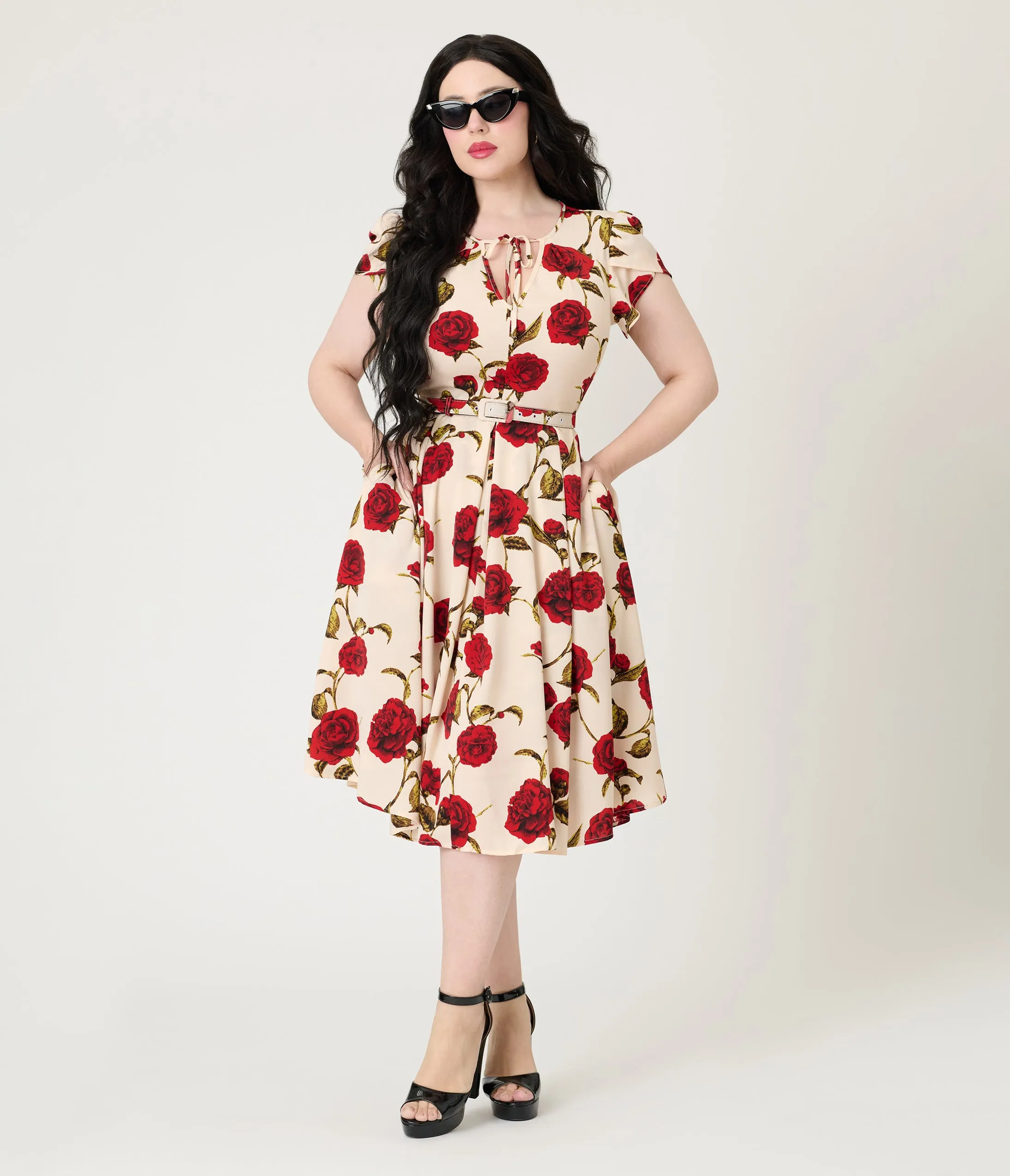 Unique Vintage White & Red Rose Dahlia Swing Dress sold by Unique Vintage product image thumbnail 4