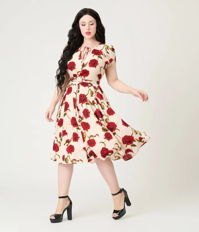 Unique Vintage White & Red Rose Dahlia Swing Dress sold by Unique Vintage