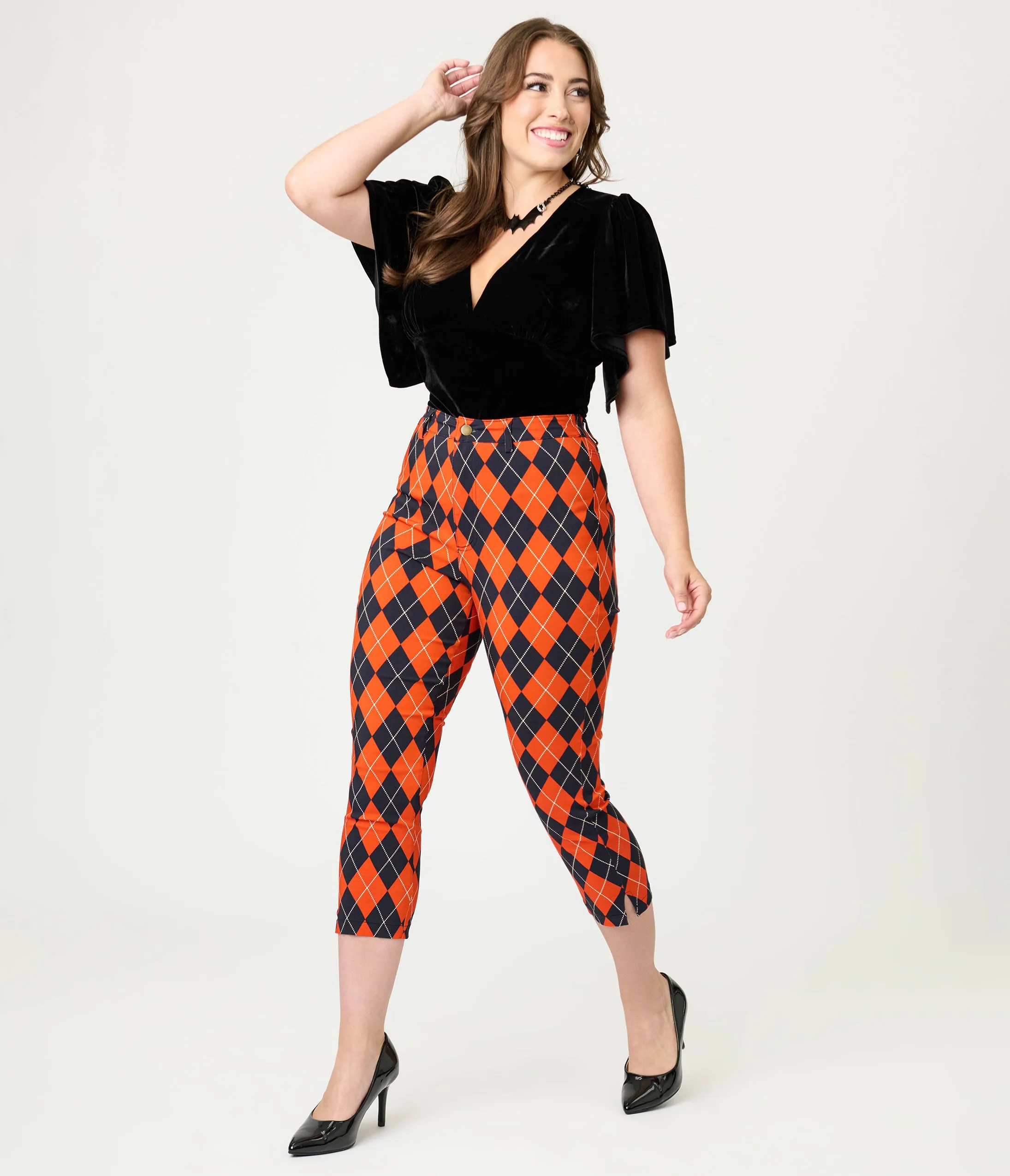 Unique Vintage Orange Argyle Rachelle Capri Pants sold by Unique Vintage