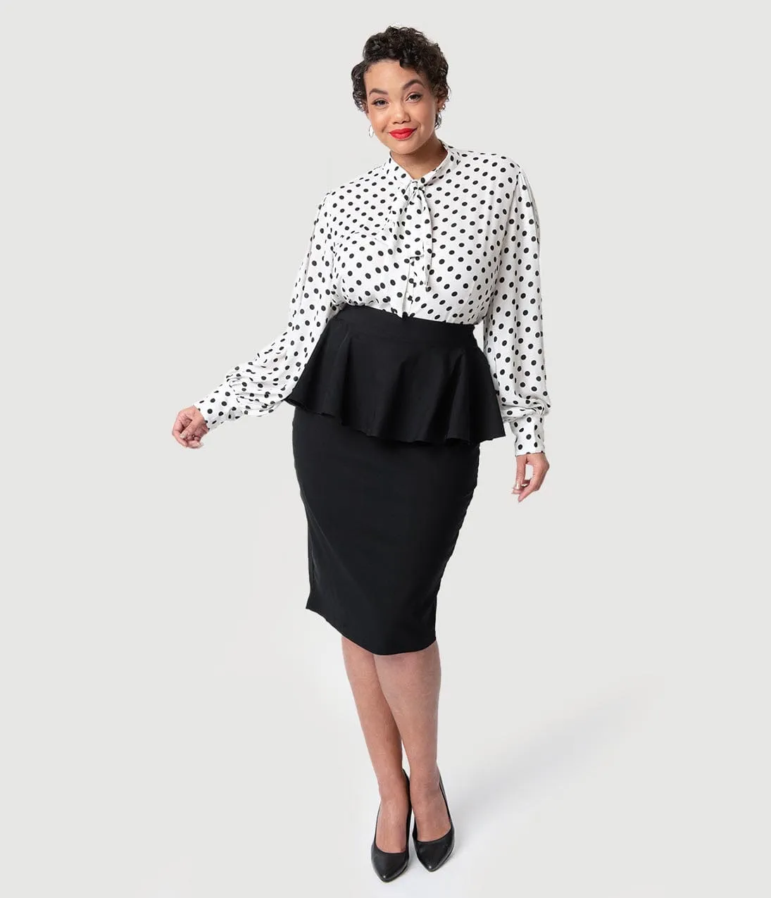 Unique Vintage Plus Size 1940s Black Stretch Peplum Boulevard Pencil Skirt sold by Unique Vintage