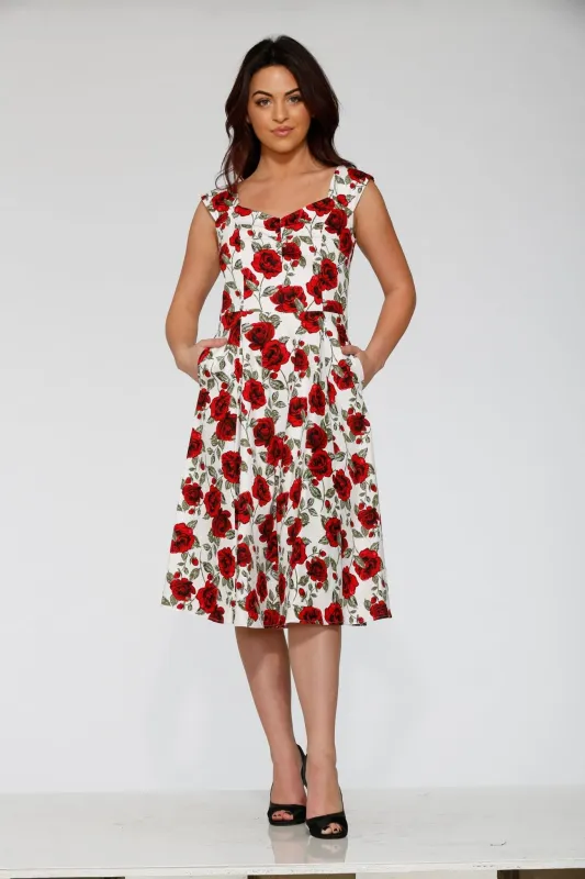 White & Red Rose Swing Dress sold by Unique Vintage
