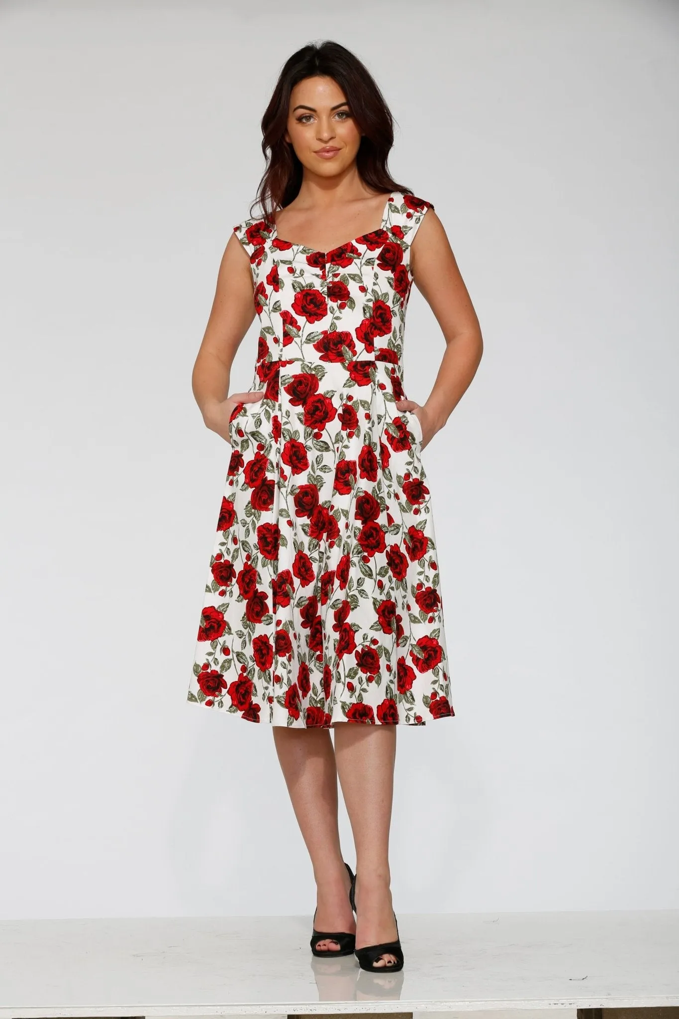 White & Red Rose Swing Dress sold by Unique Vintage