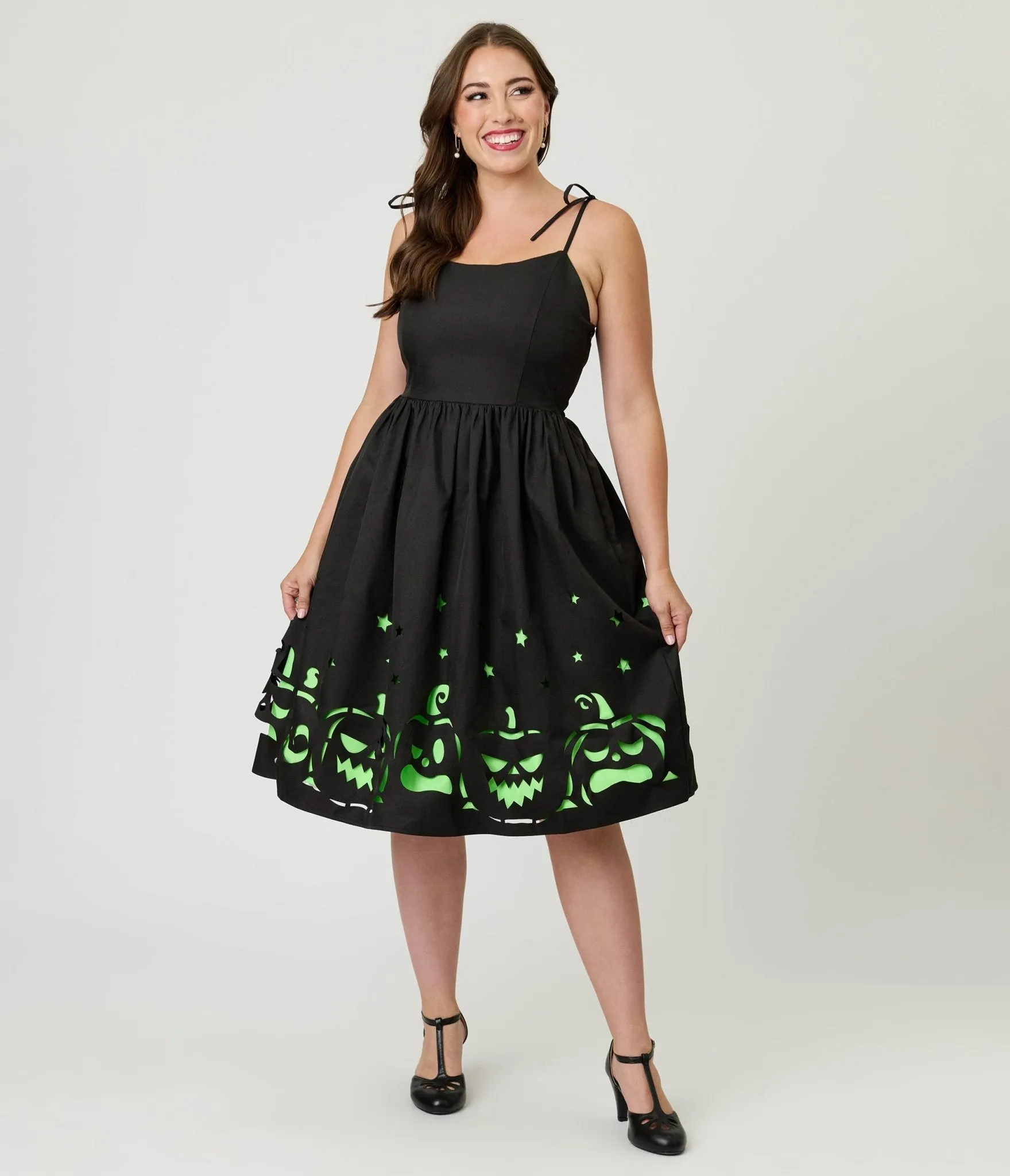 Unique Vintage Black & Green Jack-O-Lantern Cutout Swing Dress sold by Unique Vintage