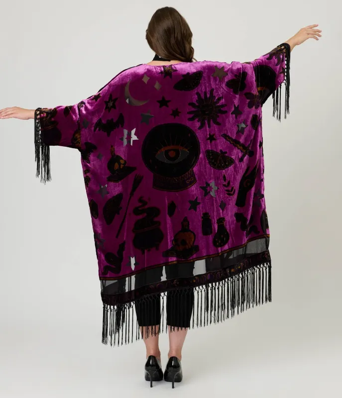 Unique Vintage 1920s Purple Velvet Burnout Mystical Icons Fringe Kimono sold by Unique Vintage