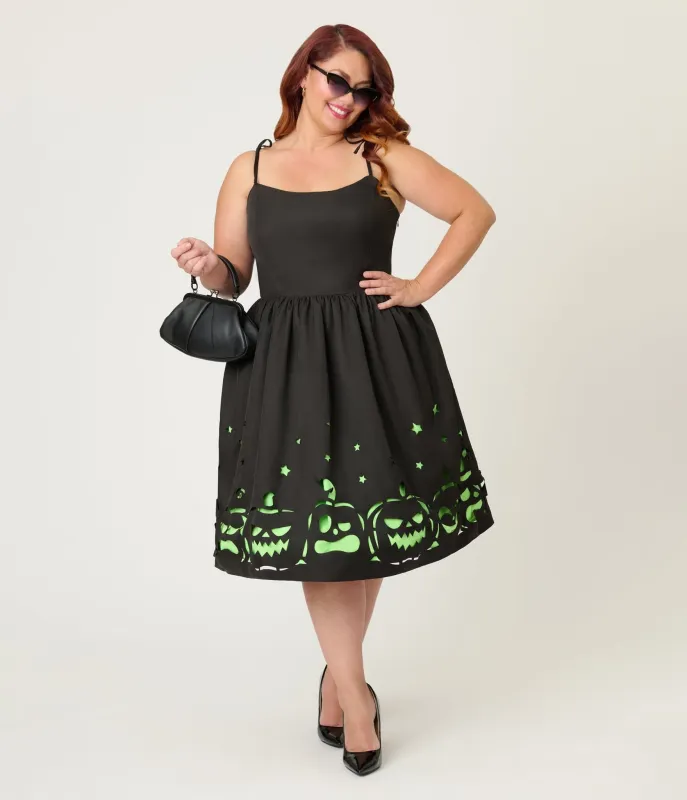 Unique Vintage Plus Size Black & Green Jack-O-Lantern Cutout Swing Dress sold by Unique Vintage