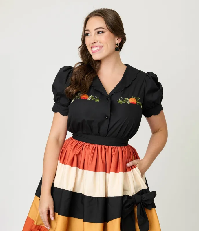 Smak Parlour Black & Pumpkin Embroidery Puff Sleeve Top sold by Unique Vintage