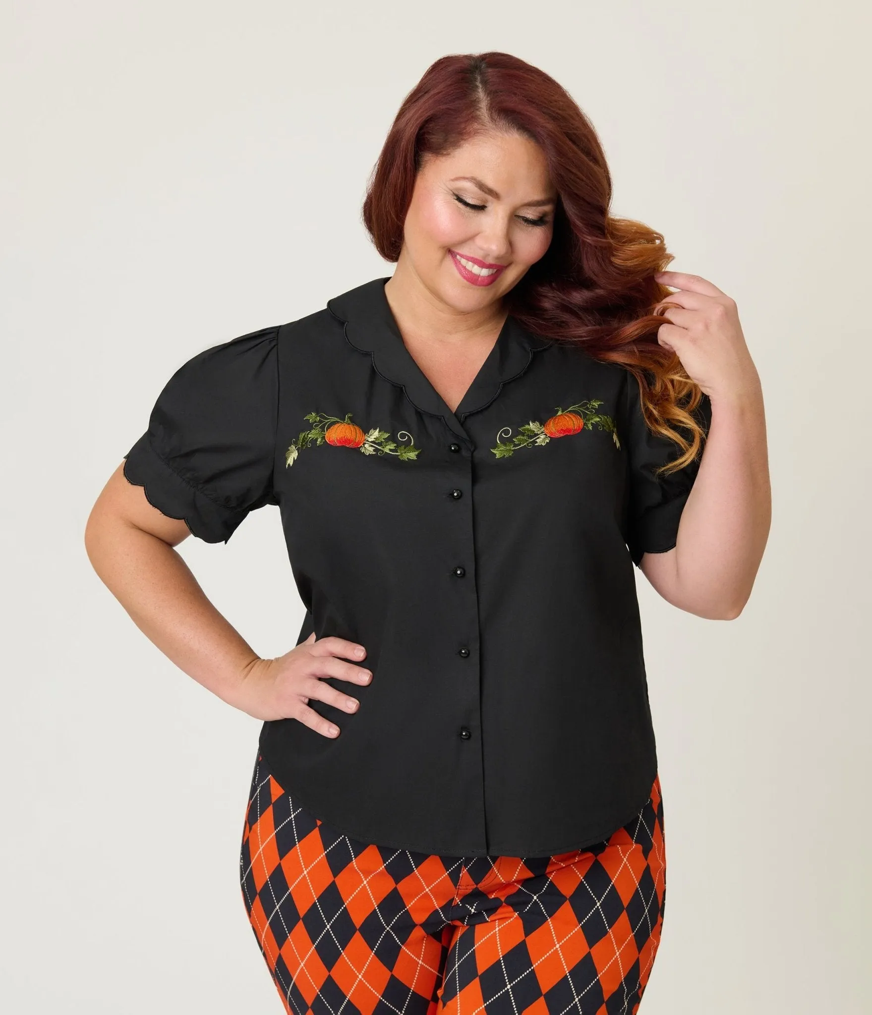 Smak Parlour Plus Size Black & Pumpkin Embroidery Puff Sleeve Top sold by Unique Vintage product image thumbnail 3