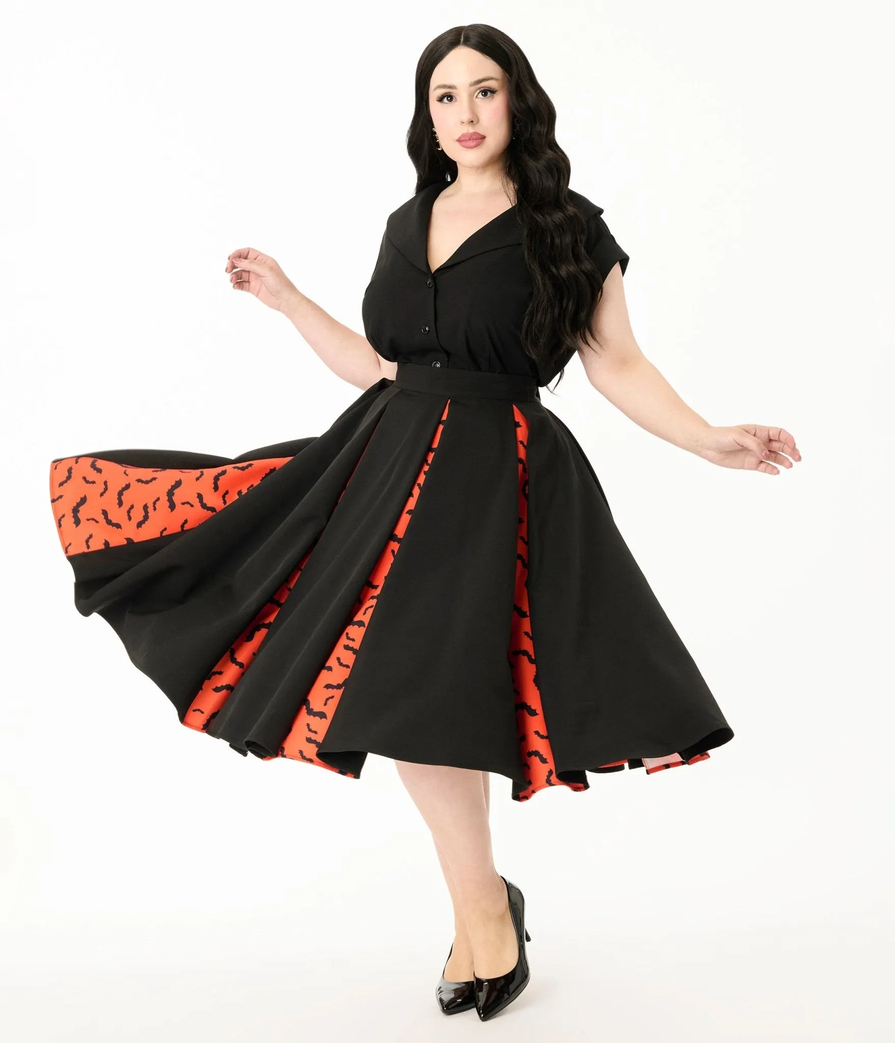 Unique Vintage Plus Size Black & Orange Bats Pleated Swing Skirt sold by Unique Vintage
