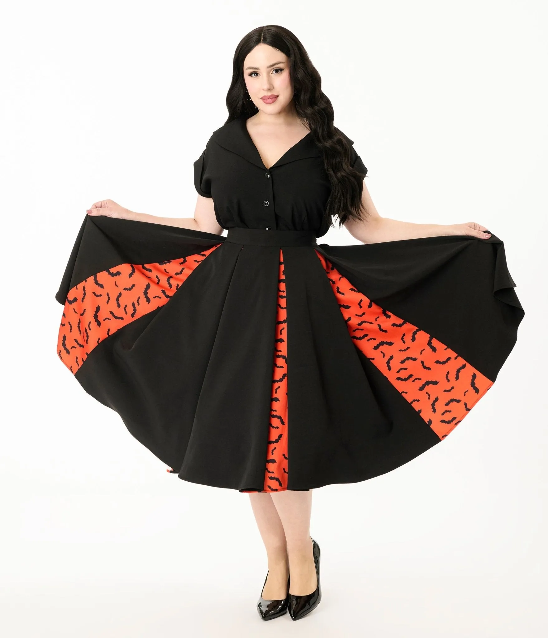 Unique Vintage Plus Size Black & Orange Bats Pleated Swing Skirt sold by Unique Vintage product image thumbnail 5