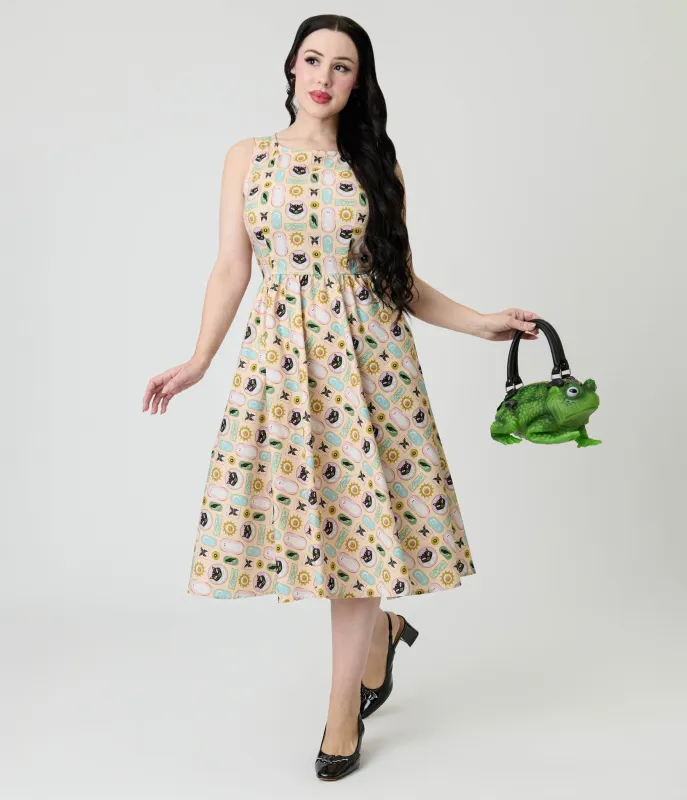 Retrolicious Cream Spooky Frames Cotton Midi Dress sold by Unique Vintage